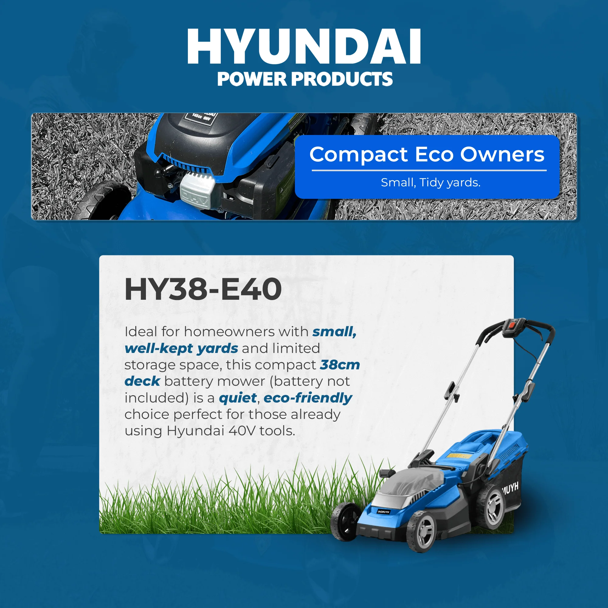 Hyundai 15" 40V Battery Lawn Mower – 5 Height Settings, 30L Collector, Plastic Deck - SKIN ONLY (HY38-E40) - Image 3