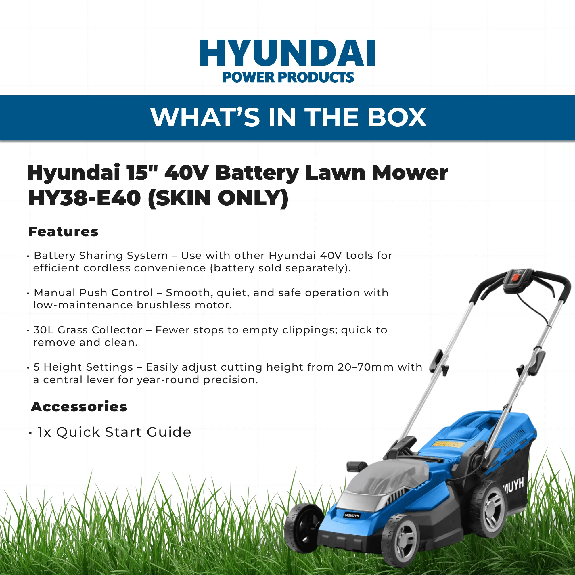 Hyundai 15" 40V Battery Lawn Mower – 5 Height Settings, 30L Collector, Plastic Deck - SKIN ONLY (HY38-E40) - Image 4
