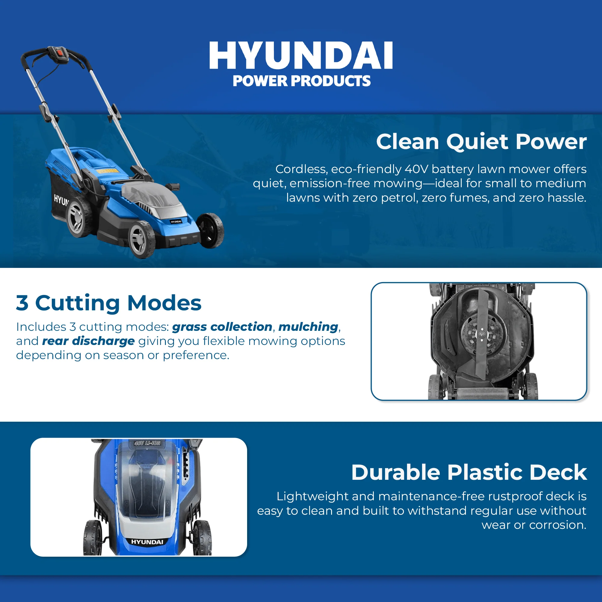 Hyundai 15" 40V Battery Lawn Mower – 5 Height Settings, 30L Collector, Plastic Deck - SKIN ONLY (HY38-E40) - Image 5