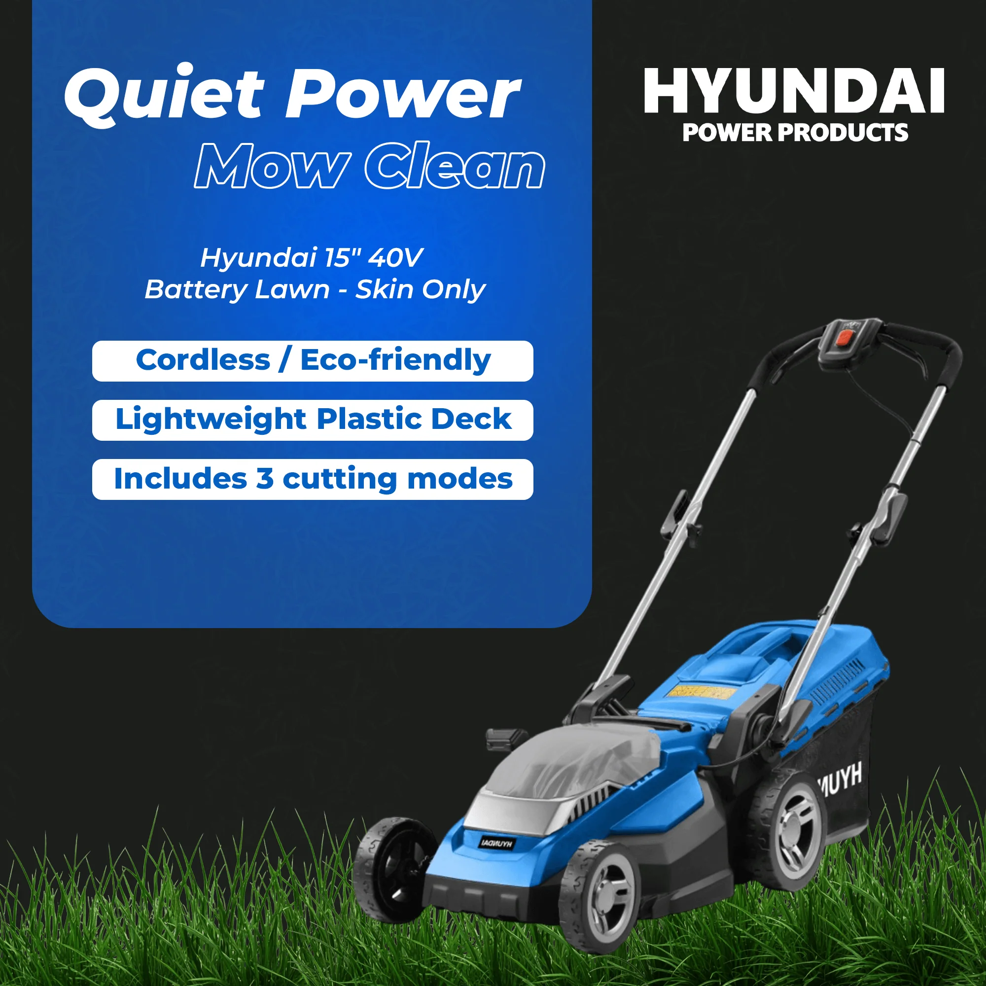 Hyundai 15" 40V Battery Lawn Mower – 5 Height Settings, 30L Collector, Plastic Deck - SKIN ONLY (HY38-E40) - Image 6