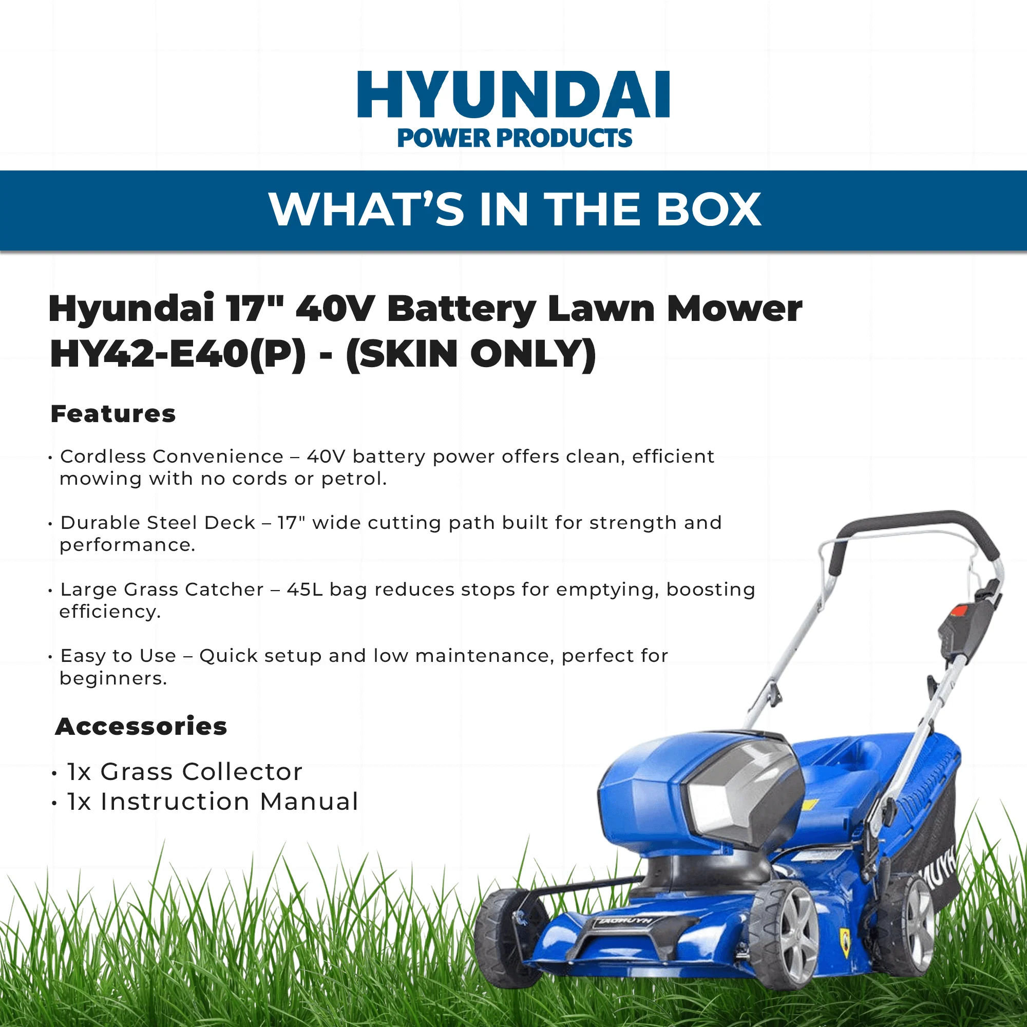 Hyundai 17" 40V Battery Lawn Mower – Steel Deck, 6-Stage Height Adjust, 45L Catcher, Lightweight & Durable - SKIN ONLY ( HY42-E40P ) - Image 4