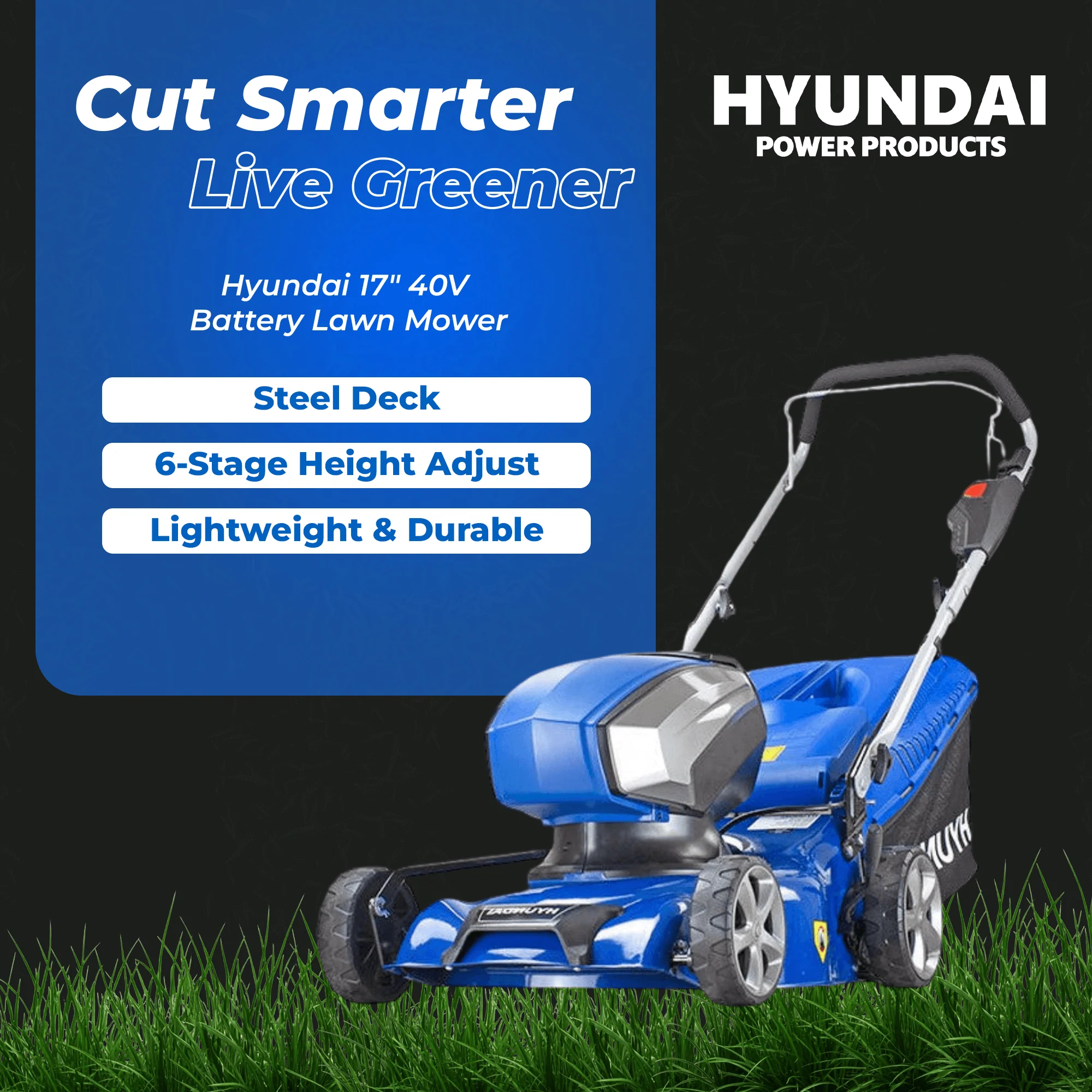 Hyundai 17" 40V Battery Lawn Mower – Steel Deck, 6-Stage Height Adjust, 45L Catcher, Lightweight & Durable - SKIN ONLY ( HY42-E40P ) - Image 6