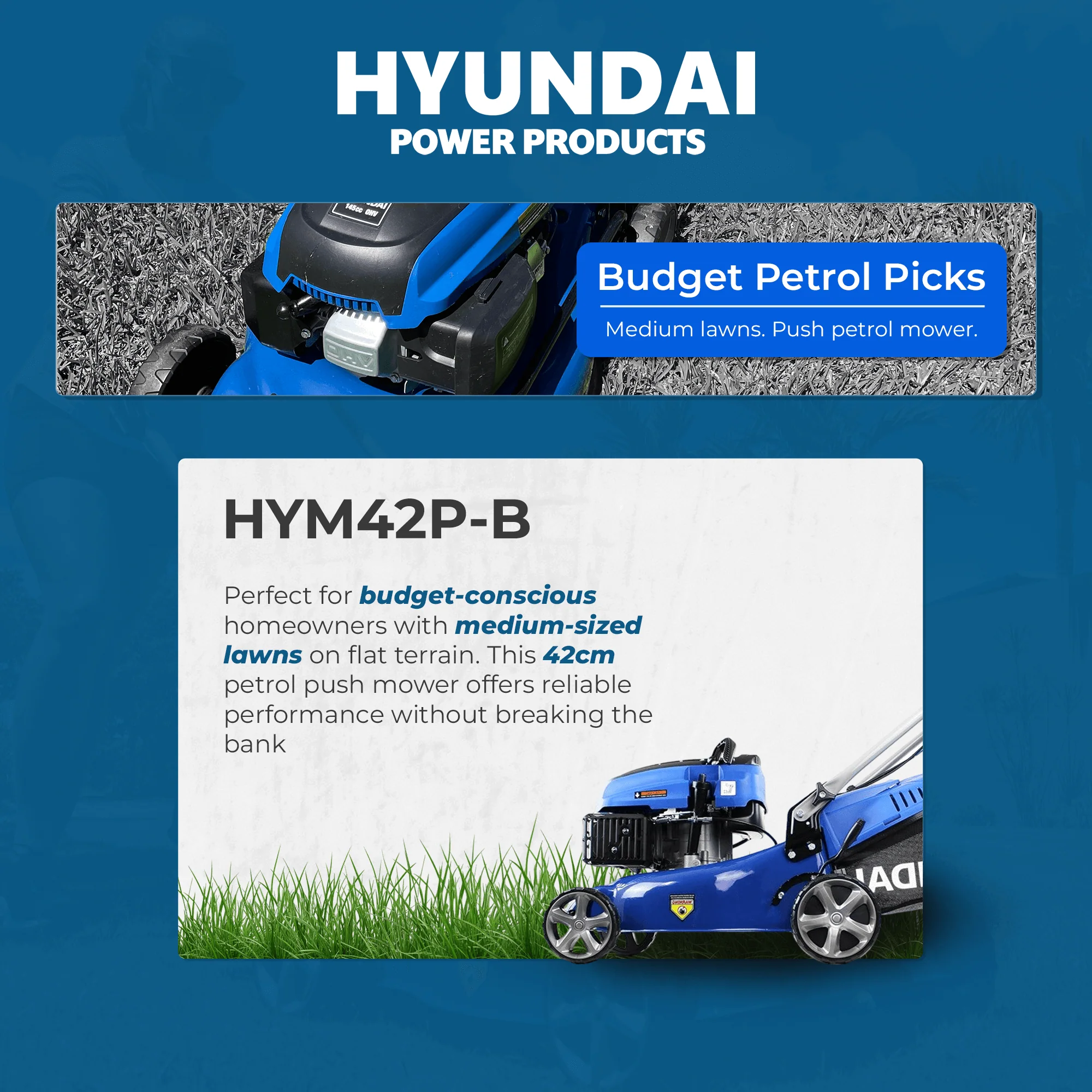 Hyundai 17" Petrol Lawn Mower Push - 145cc Engine, 6 Cutting Heights, Mulching, Compact Foldable Design (HYM42P-B) - Image 3