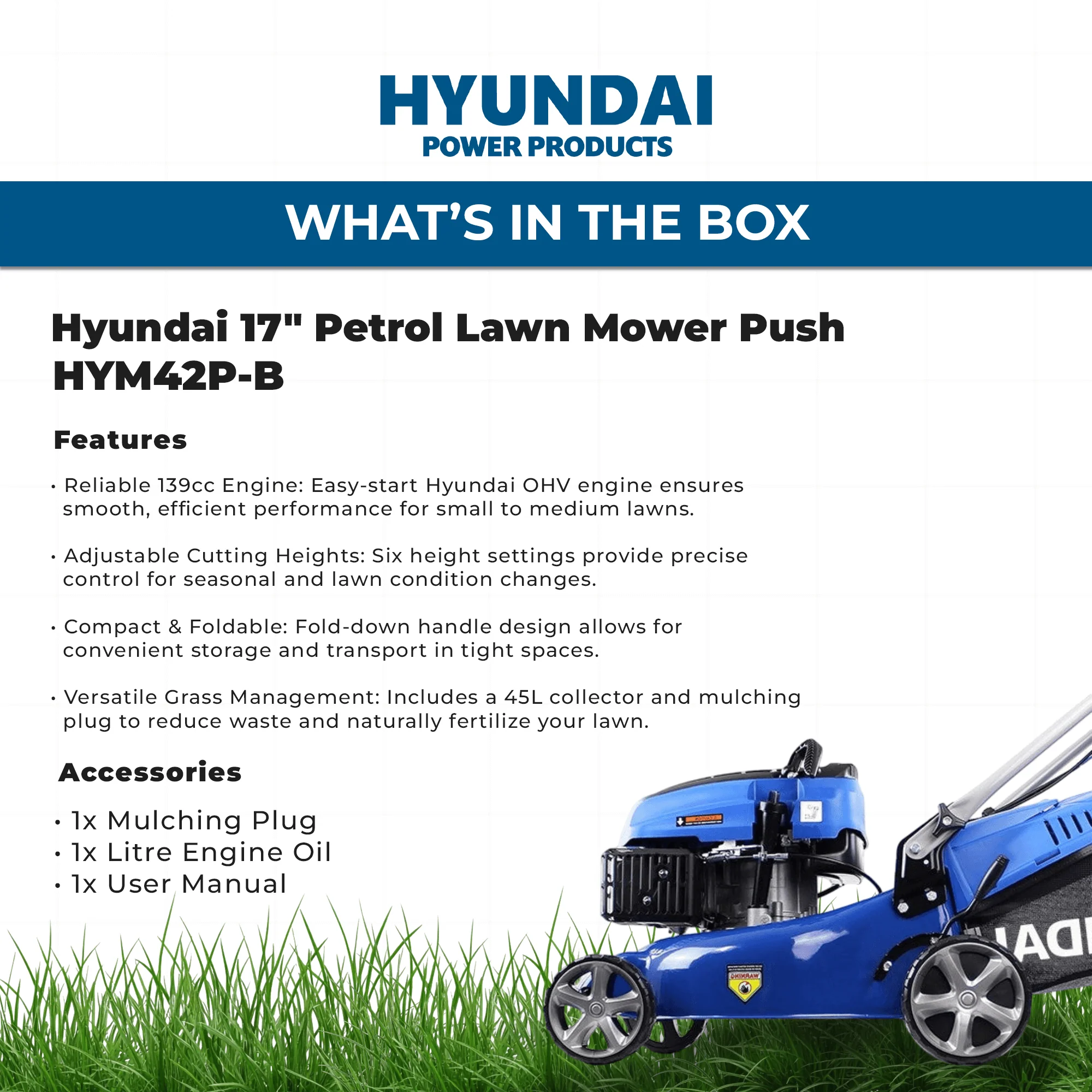 Hyundai 17" Petrol Lawn Mower Push - 145cc Engine, 6 Cutting Heights, Mulching, Compact Foldable Design (HYM42P-B) - Image 4