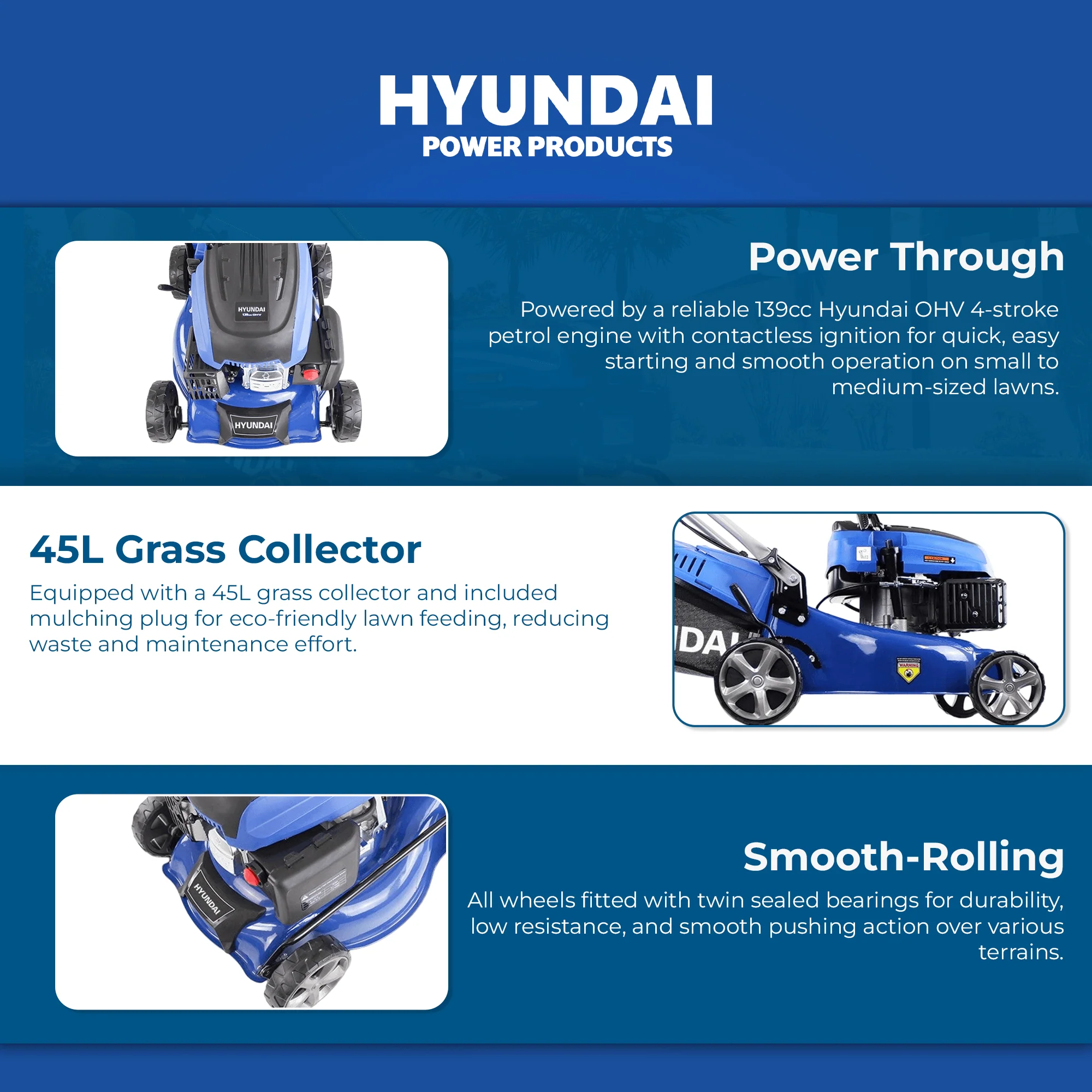 Hyundai 17" Petrol Lawn Mower Push - 145cc Engine, 6 Cutting Heights, Mulching, Compact Foldable Design (HYM42P-B) - Image 5