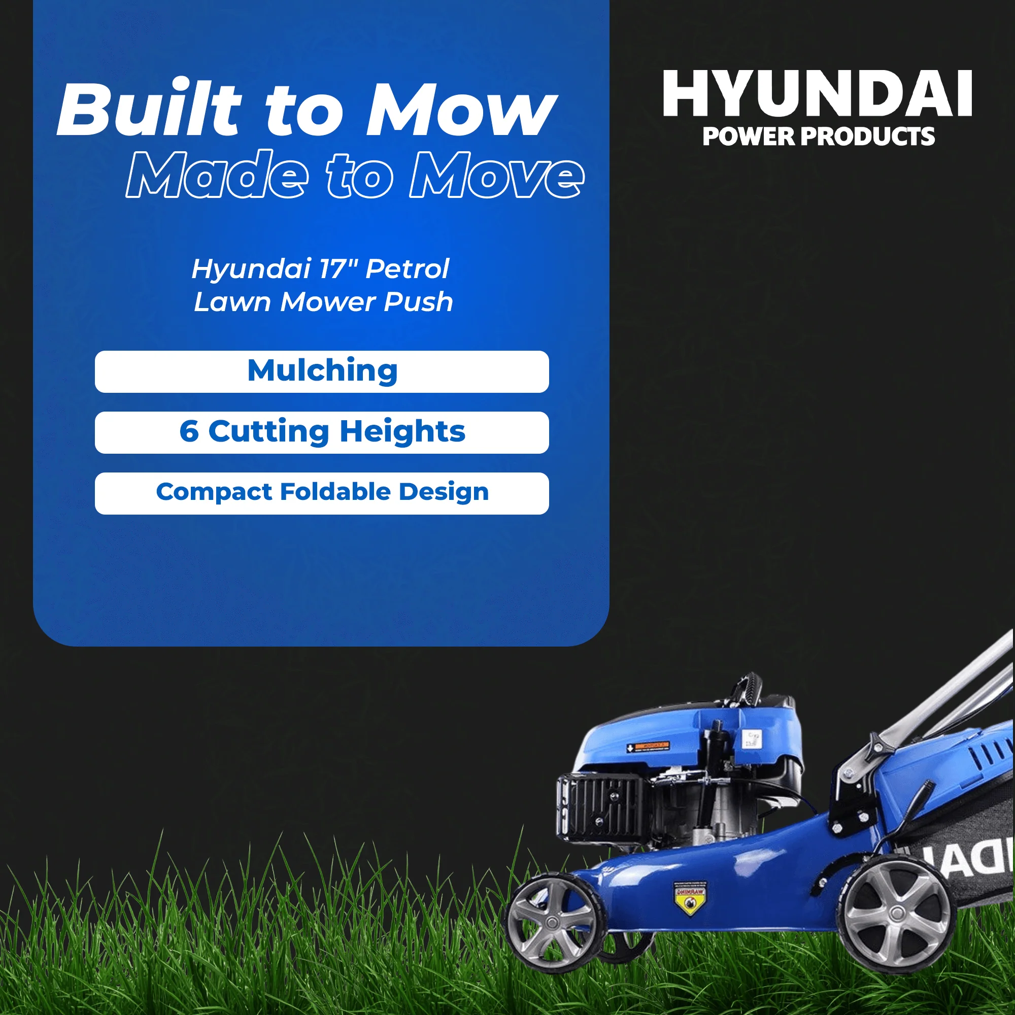 Hyundai 17" Petrol Lawn Mower Push - 145cc Engine, 6 Cutting Heights, Mulching, Compact Foldable Design (HYM42P-B) - Image 6