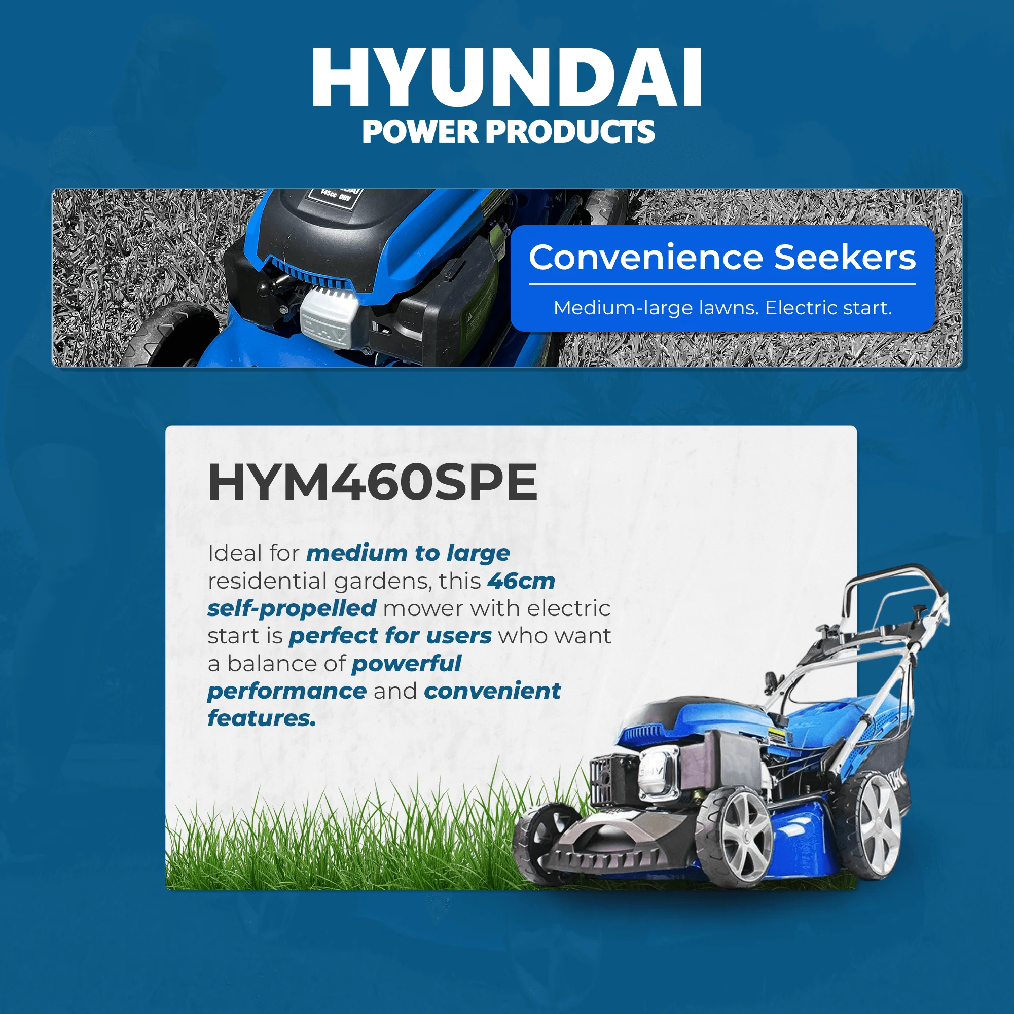 Hyundai 18" Self-Propelled Petrol Lawn Mower – 139cc, Electric Start, 6 Heights, OPC Safety, Hose Connector (HYM460SPE) - Image 3