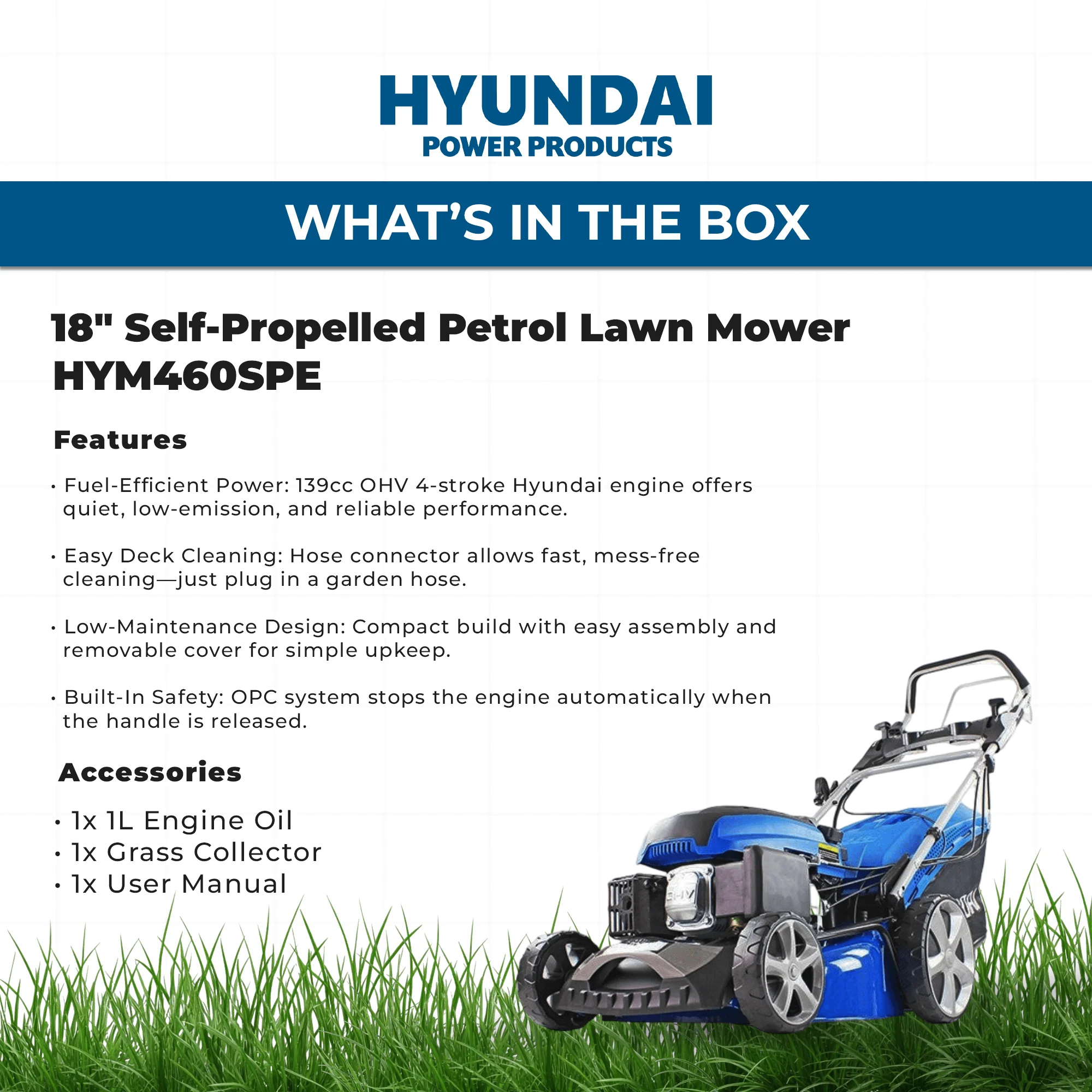 Hyundai 18" Self-Propelled Petrol Lawn Mower – 139cc, Electric Start, 6 Heights, OPC Safety, Hose Connector (HYM460SPE) - Image 6