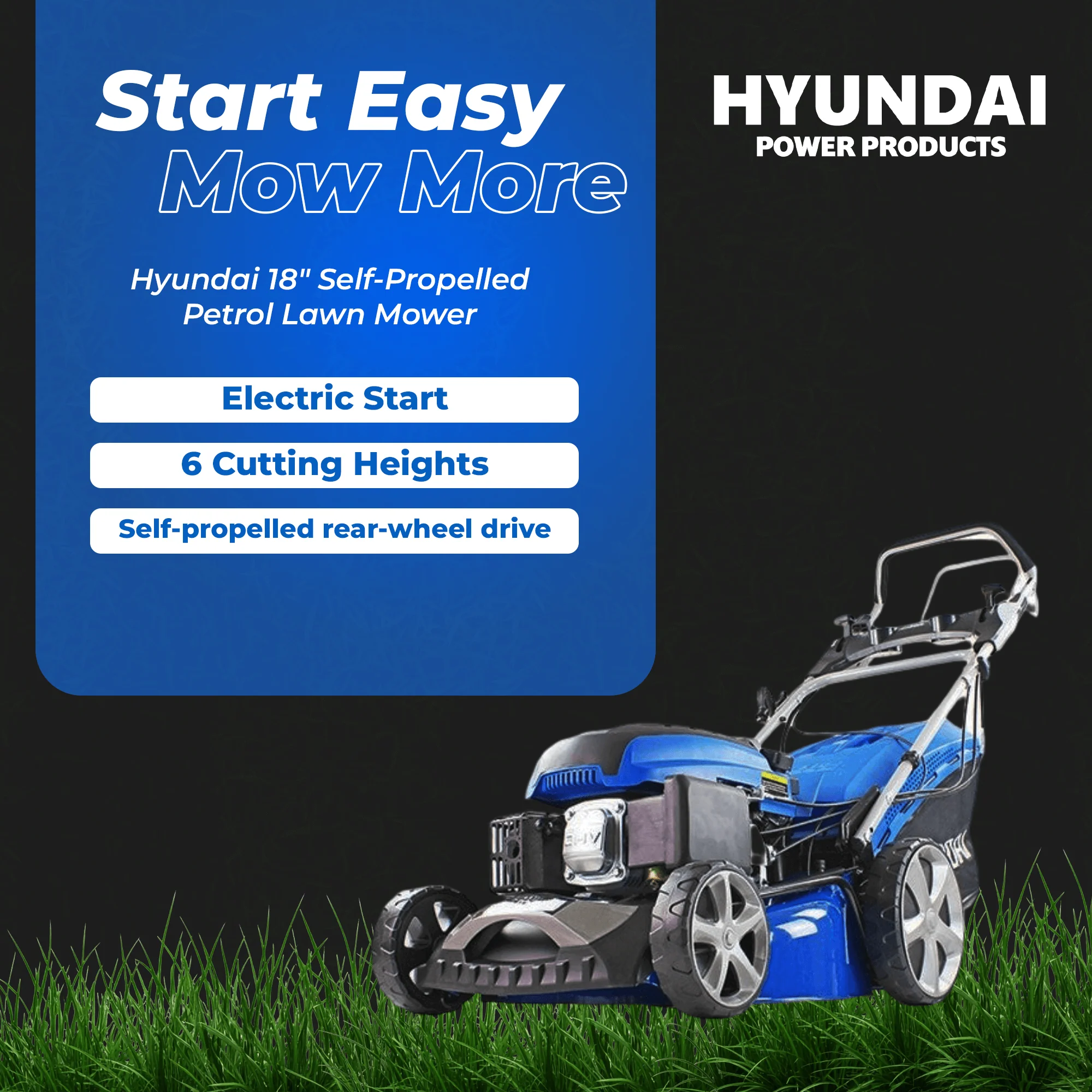 Hyundai 18" Self-Propelled Petrol Lawn Mower – 139cc, Electric Start, 6 Heights, OPC Safety, Hose Connector (HYM460SPE) - Image 7
