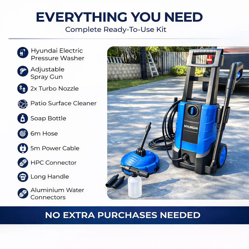 Hyundai Electric Pressure Washer – 1958 PSI 1800W Power Cleaner for Cars, Driveways & Patios, Turbo Nozzles + Patio Cleaner Kit (HY-VCJ-90PA) - Image 4