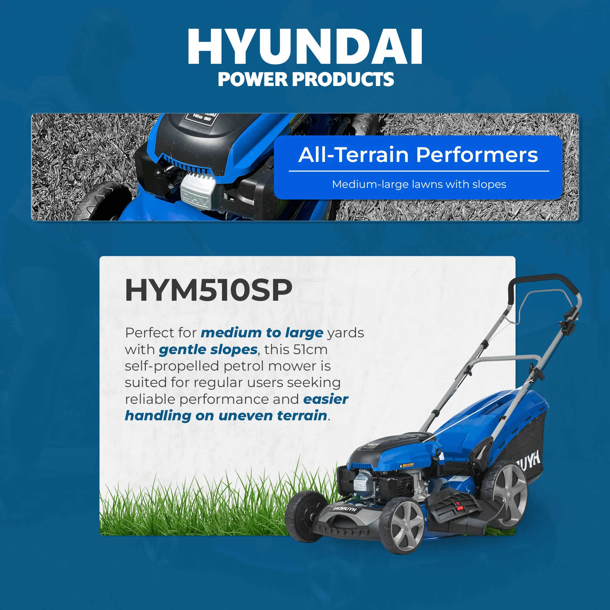 Hyundai 20" Petrol Lawn Mower – Self Propelled, 170cc OHV Engine, Steel Deck, Easy Start, Rear Wheel Drive (HYM510SP) - Image 3