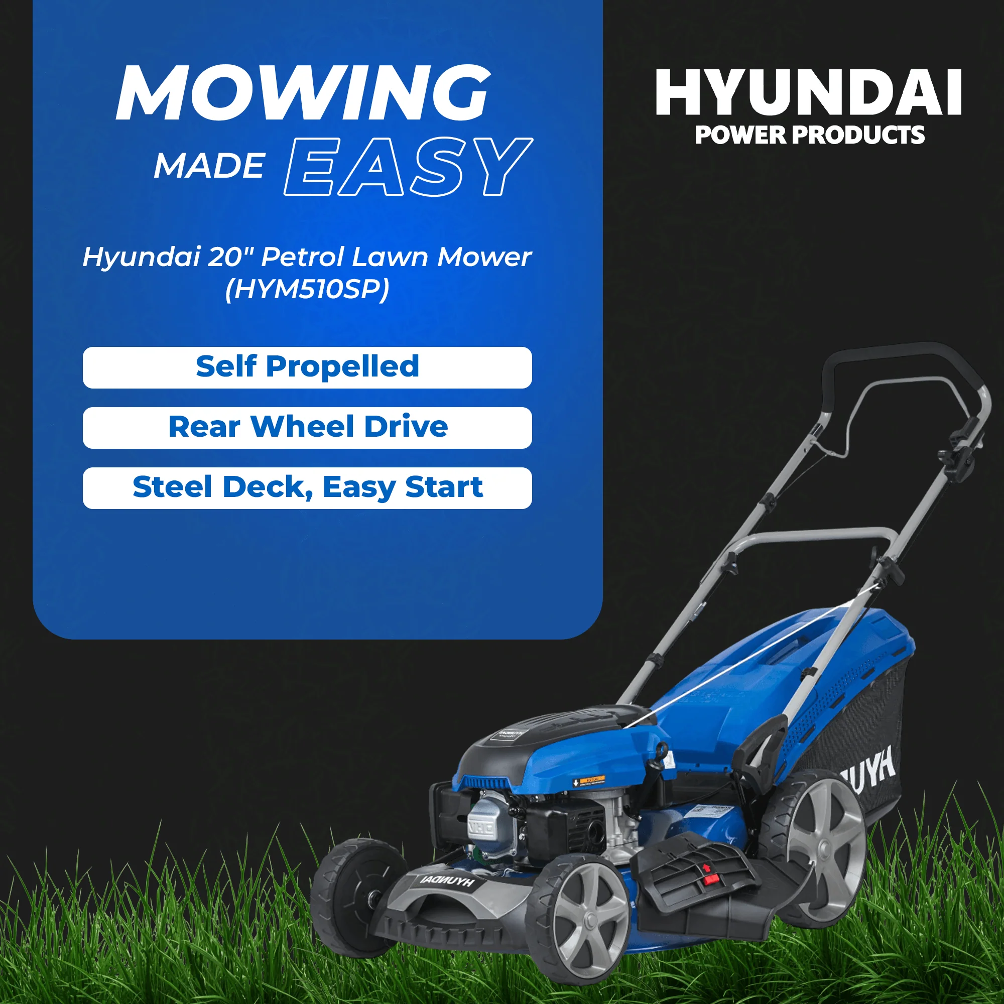 Hyundai 20" Petrol Lawn Mower – Self Propelled, 170cc OHV Engine, Steel Deck, Easy Start, Rear Wheel Drive (HYM510SP) - Image 4