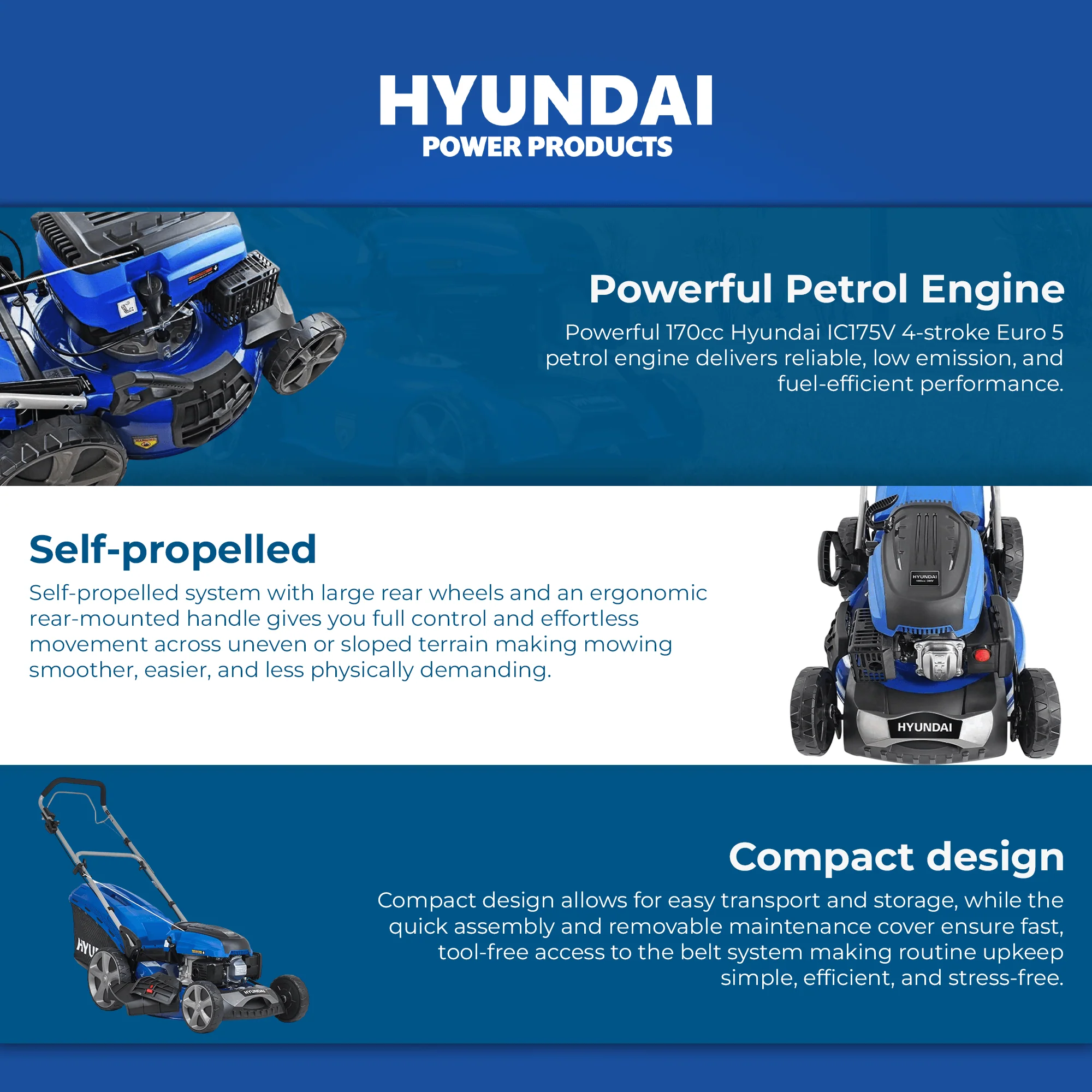 Hyundai 20" Petrol Lawn Mower – Self Propelled, 170cc OHV Engine, Steel Deck, Easy Start, Rear Wheel Drive (HYM510SP) - Image 5