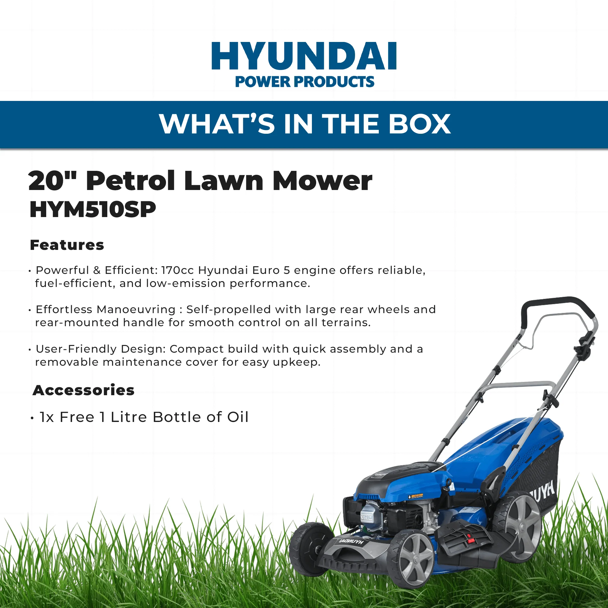 Hyundai 20" Petrol Lawn Mower – Self Propelled, 170cc OHV Engine, Steel Deck, Easy Start, Rear Wheel Drive (HYM510SP) - Image 7
