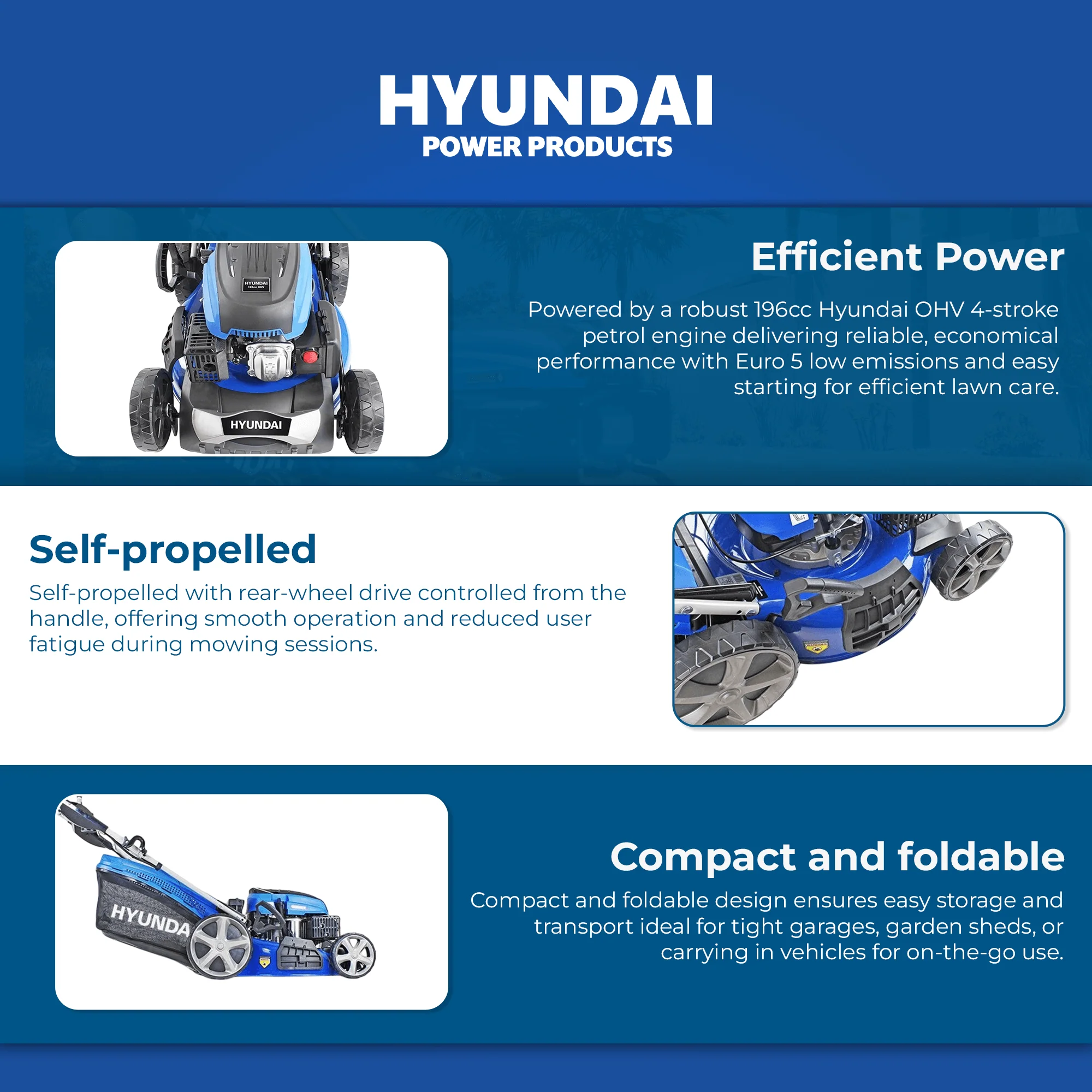 Hyundai 21" Petrol Lawn Mower Self-Propelled – 196cc Engine, Steel Deck, Easy Start, OPC Safety (HYM530SP) - Image 4