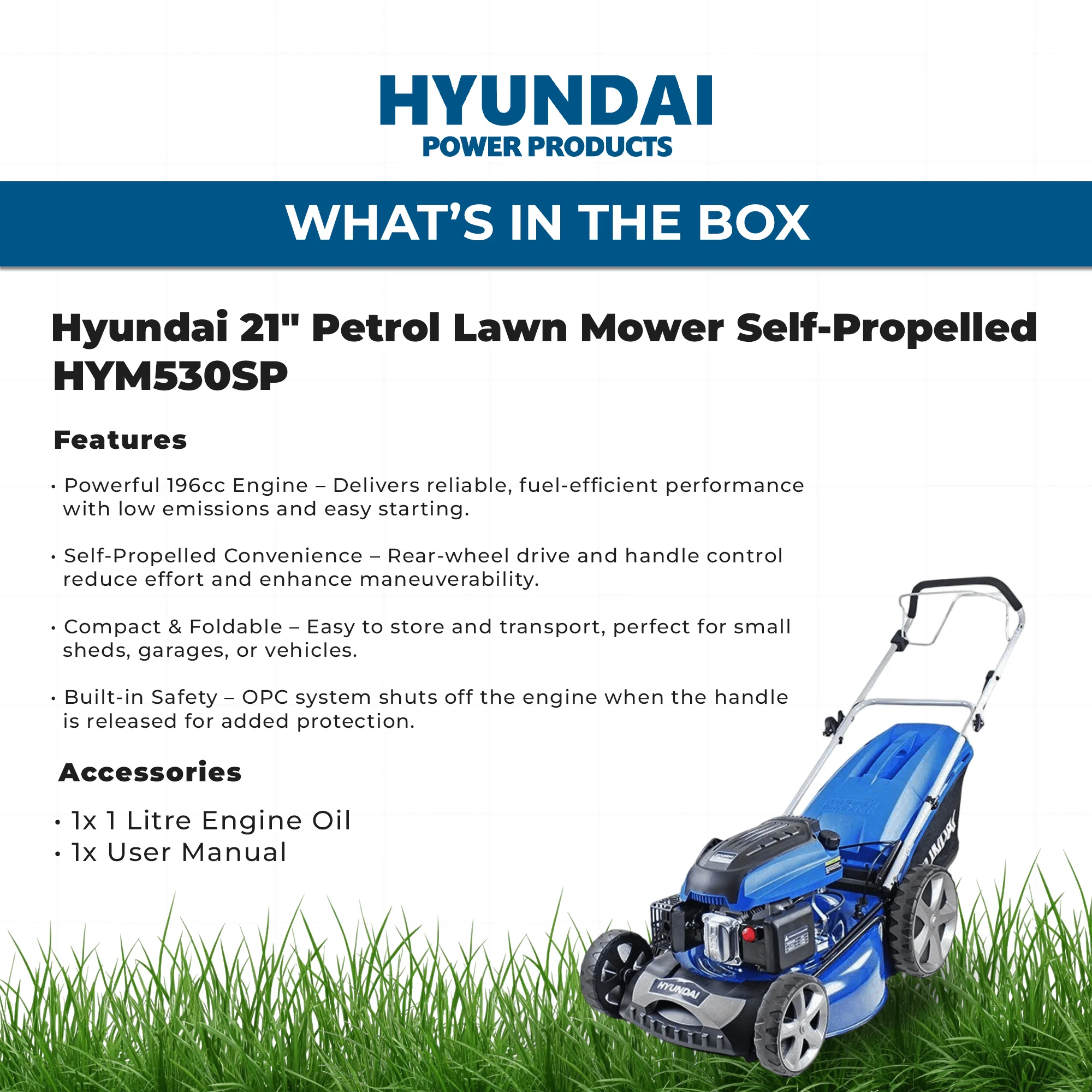 Hyundai 21" Petrol Lawn Mower Self-Propelled – 196cc Engine, Steel Deck, Easy Start, OPC Safety (HYM530SP) - Image 5