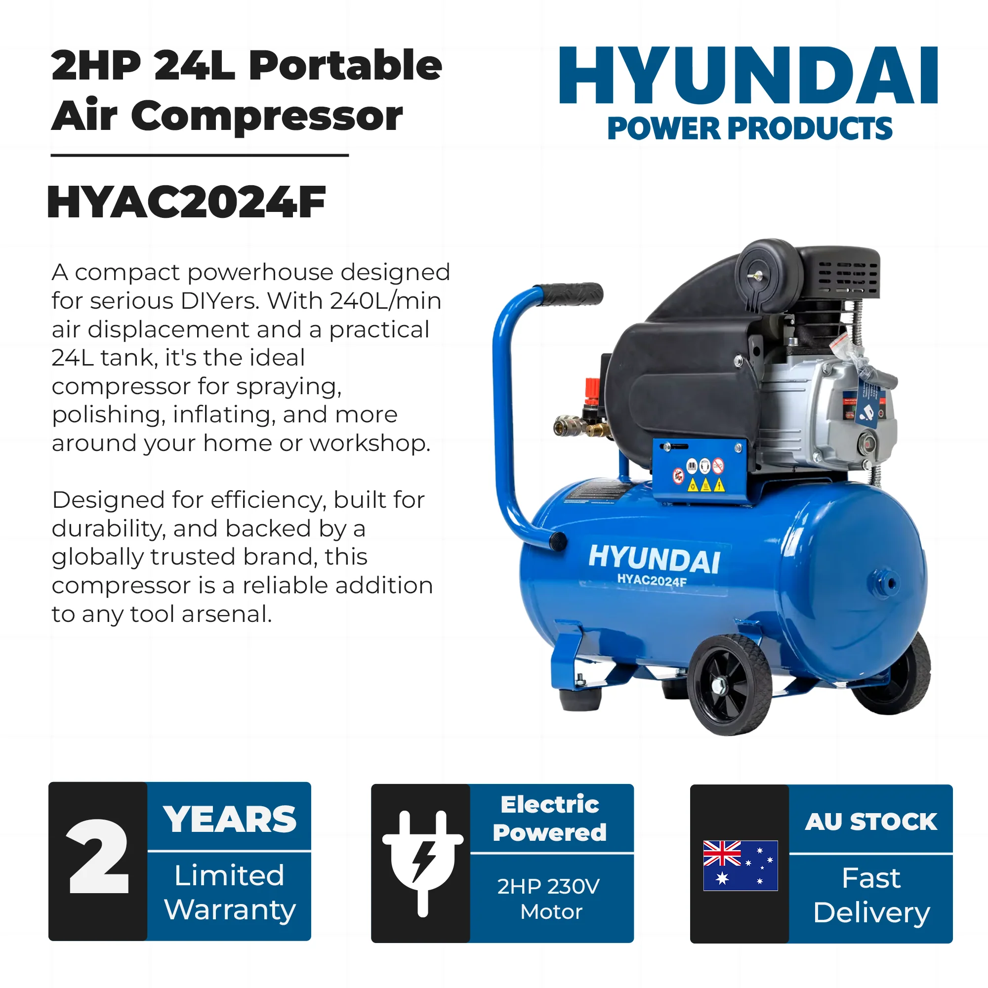 Hyundai 2HP 24L Portable Air Compressor – Direct Drive, Twin Outlet, 7.07CFM, Oil-Lubricated (HYAC2024F) - Image 3