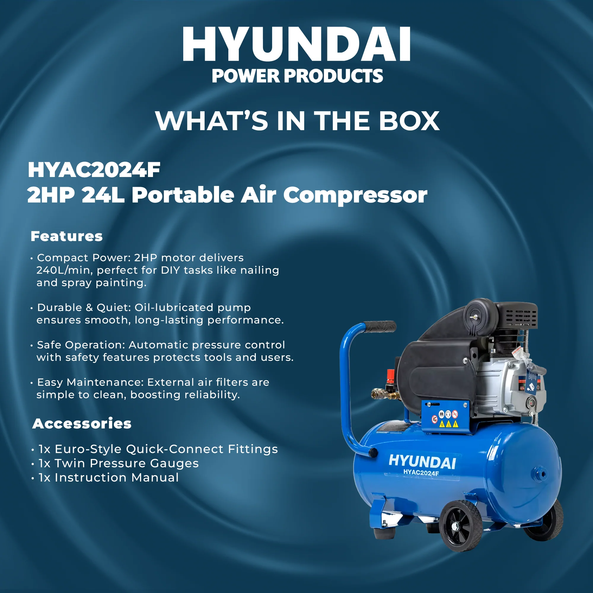 Hyundai 2HP 24L Portable Air Compressor – Direct Drive, Twin Outlet, 7.07CFM, Oil-Lubricated (HYAC2024F) - Image 5