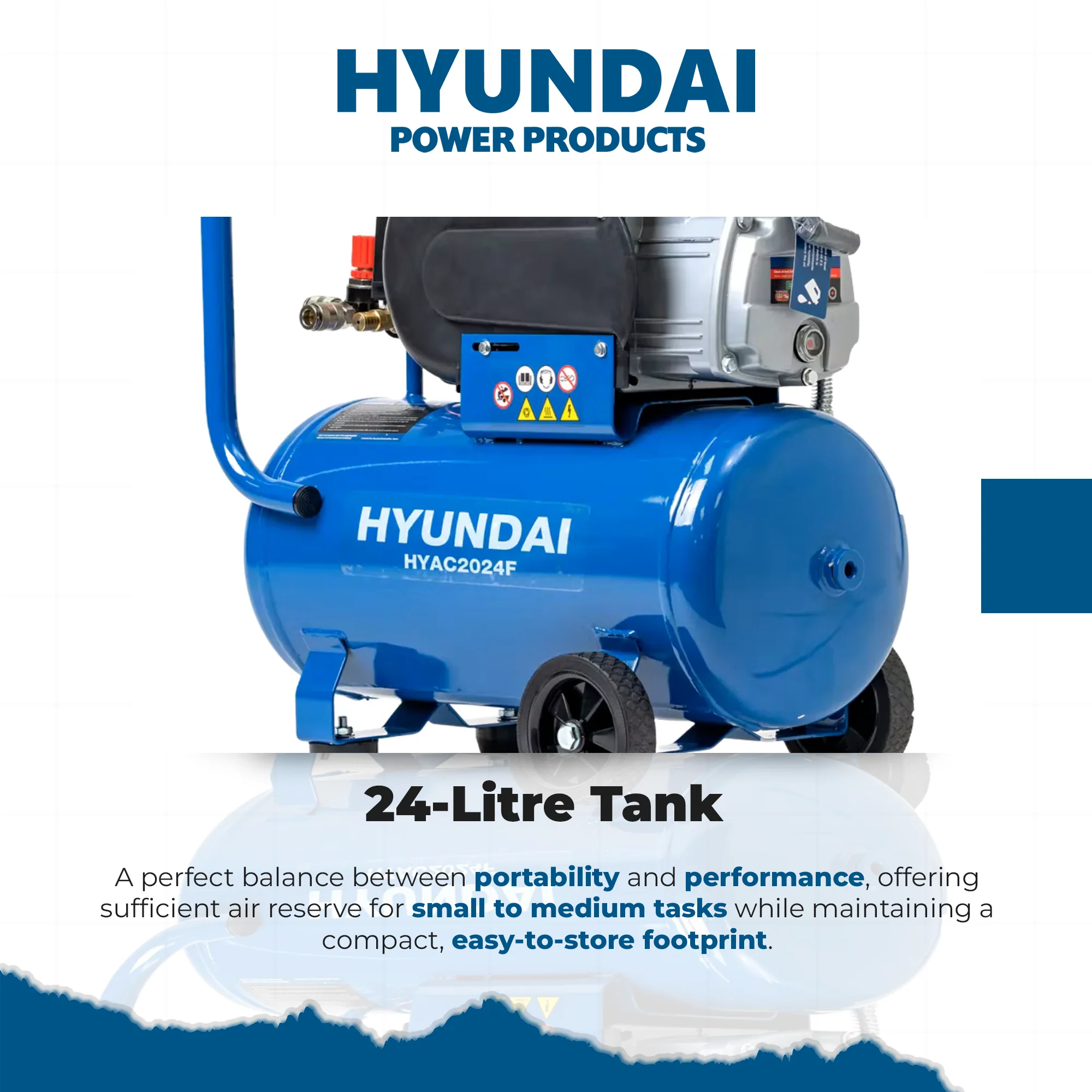 Hyundai 2HP 24L Portable Air Compressor – Direct Drive, Twin Outlet, 7.07CFM, Oil-Lubricated (HYAC2024F) - Image 6