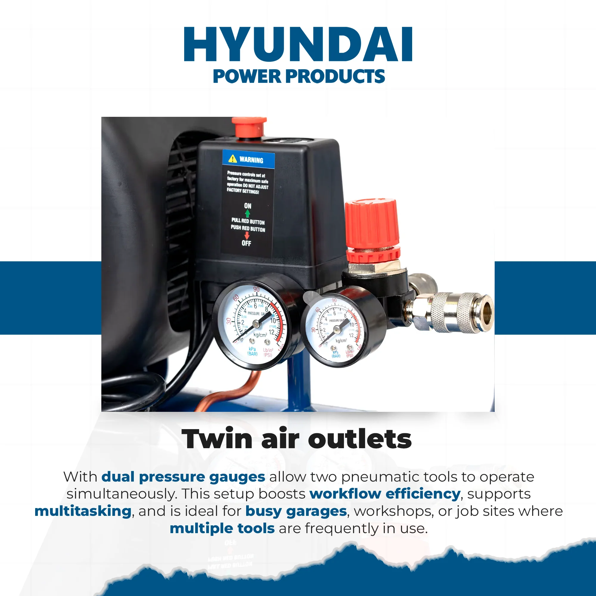 Hyundai 2HP 24L Portable Air Compressor – Direct Drive, Twin Outlet, 7.07CFM, Oil-Lubricated (HYAC2024F) - Image 7
