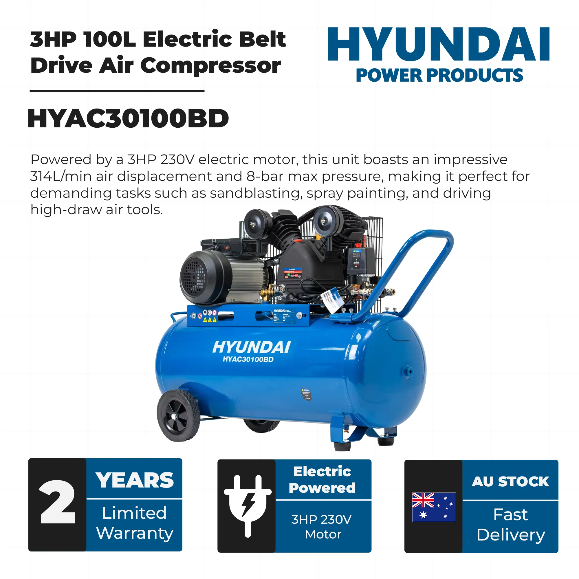 Hyundai 3HP 100L Electric Belt Drive Air Compressor – 314L/min, 11.1 CFM, 8 Bar, Portable & Heavy-Duty (HYAC30100BD) - Image 3