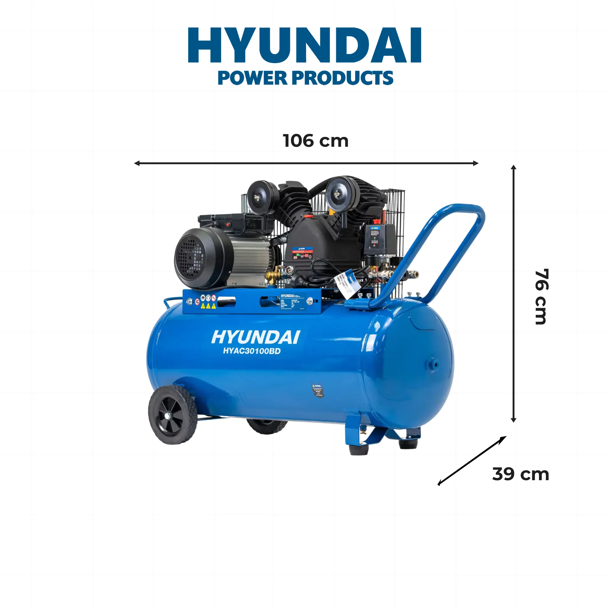 Hyundai 3HP 100L Electric Belt Drive Air Compressor – 314L/min, 11.1 CFM, 8 Bar, Portable & Heavy-Duty (HYAC30100BD) - Image 4