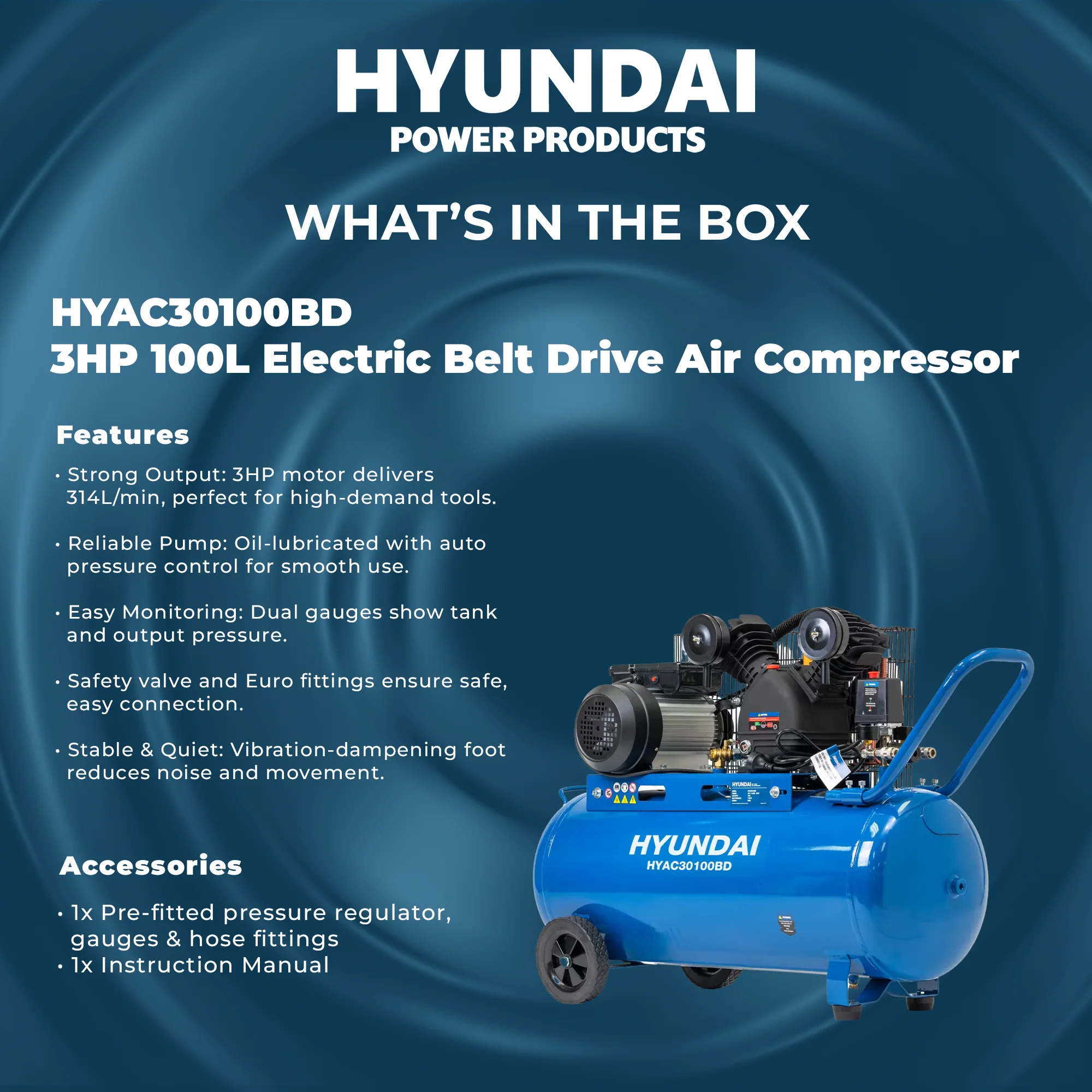 Hyundai 3HP 100L Electric Belt Drive Air Compressor – 314L/min, 11.1 CFM, 8 Bar, Portable & Heavy-Duty (HYAC30100BD) - Image 5