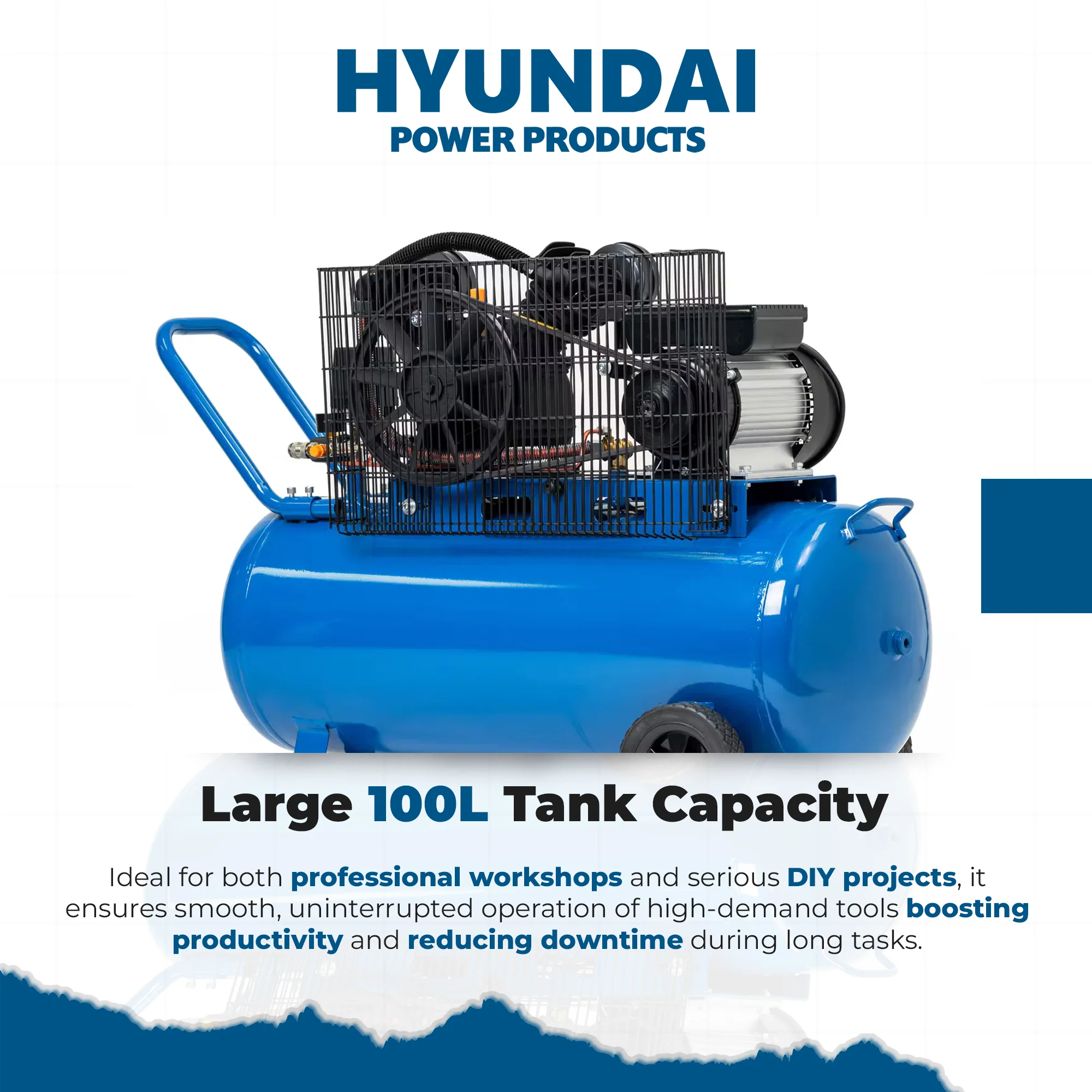 Hyundai 3HP 100L Electric Belt Drive Air Compressor – 314L/min, 11.1 CFM, 8 Bar, Portable & Heavy-Duty (HYAC30100BD) - Image 7