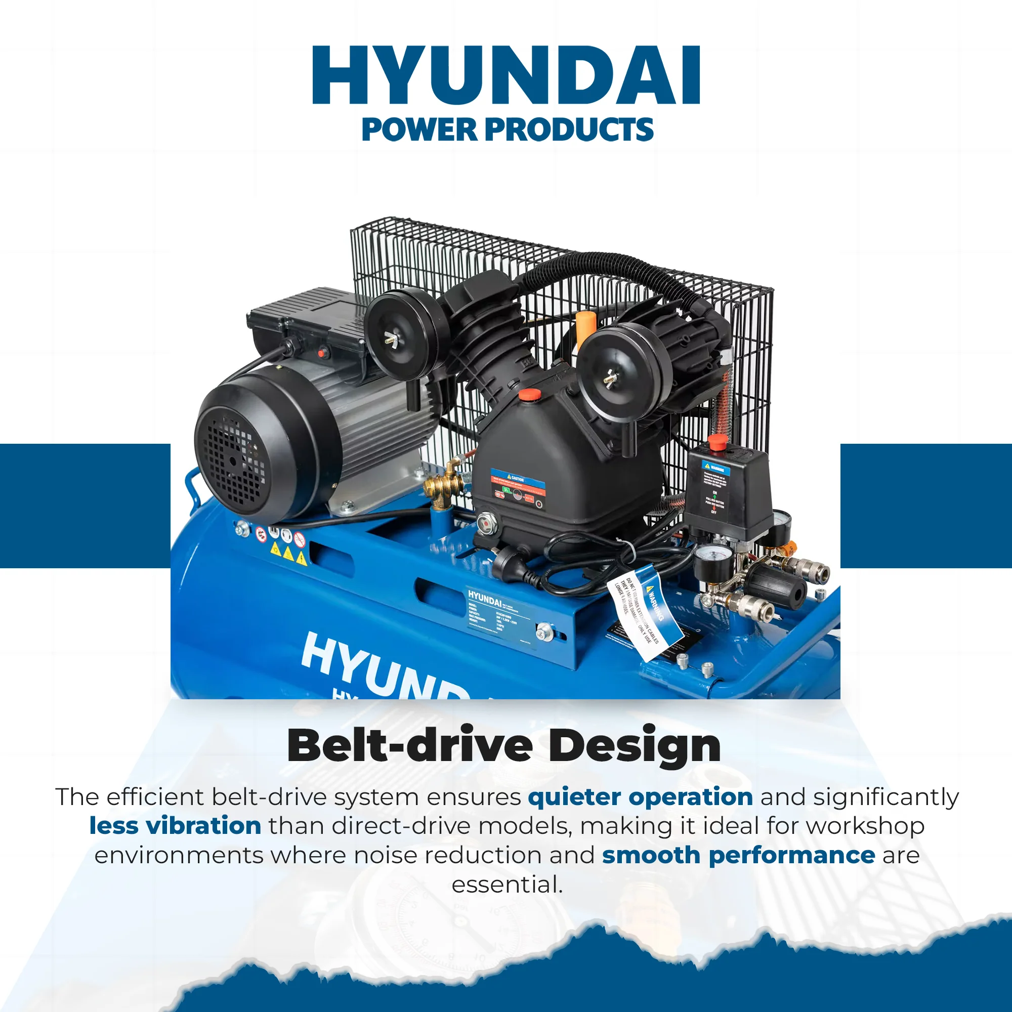 Hyundai 3HP 100L Electric Belt Drive Air Compressor – 314L/min, 11.1 CFM, 8 Bar, Portable & Heavy-Duty (HYAC30100BD) - Image 8