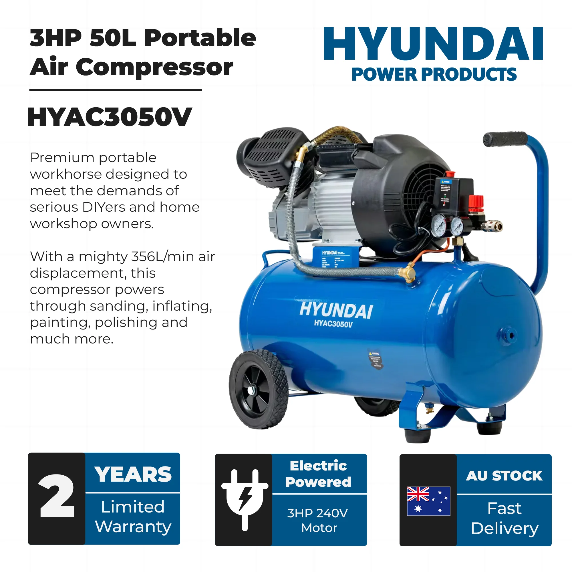 Hyundai 3HP 50L Portable Air Compressor – Direct Drive, Twin Outlet, 12.6CFM, Oil-Lubricated (HYAC3050V) - Image 3