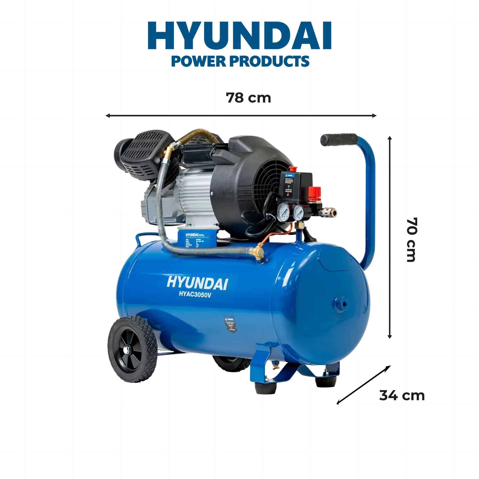 Hyundai 3HP 50L Portable Air Compressor – Direct Drive, Twin Outlet, 12.6CFM, Oil-Lubricated (HYAC3050V) - Image 4