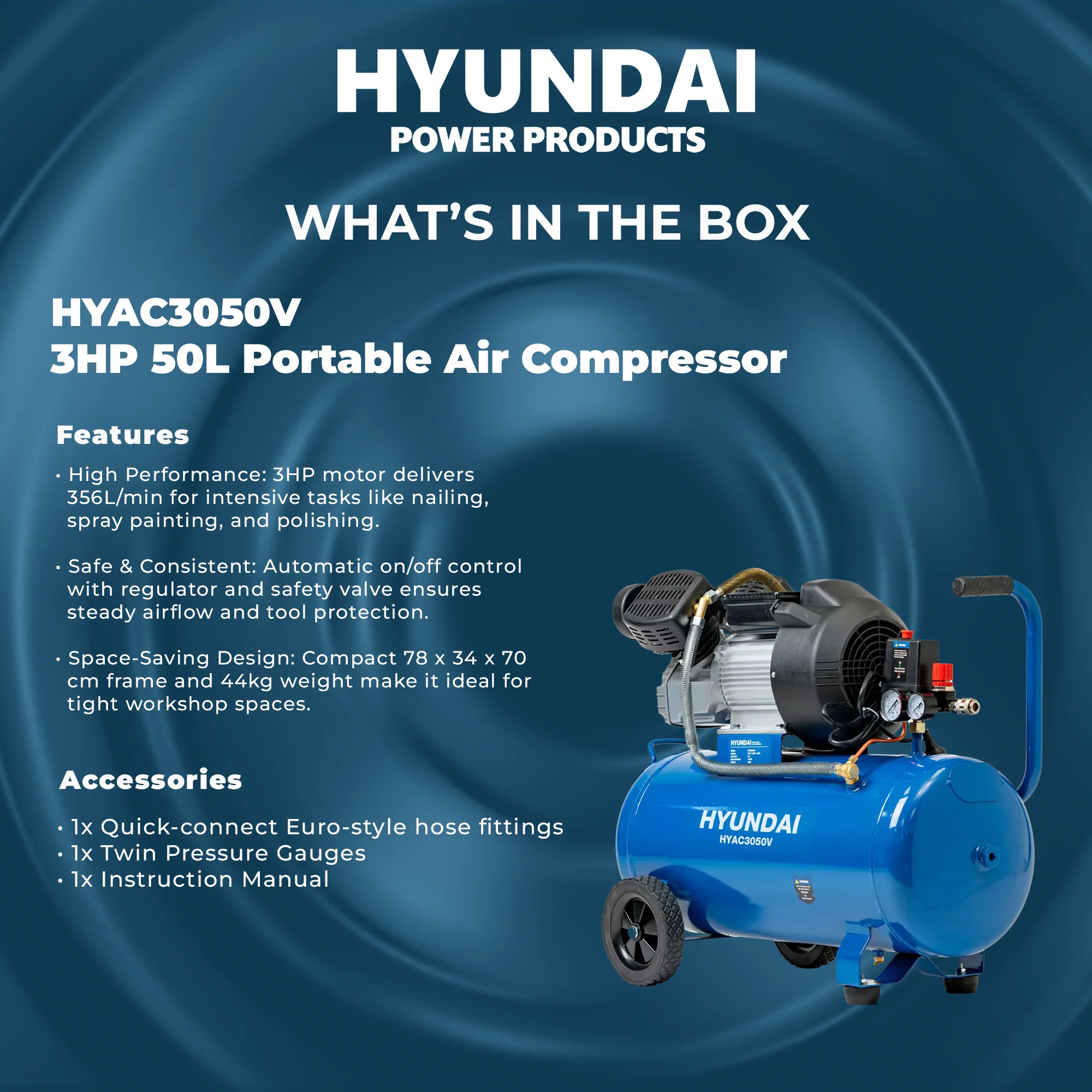 Hyundai 3HP 50L Portable Air Compressor – Direct Drive, Twin Outlet, 12.6CFM, Oil-Lubricated (HYAC3050V) - Image 5
