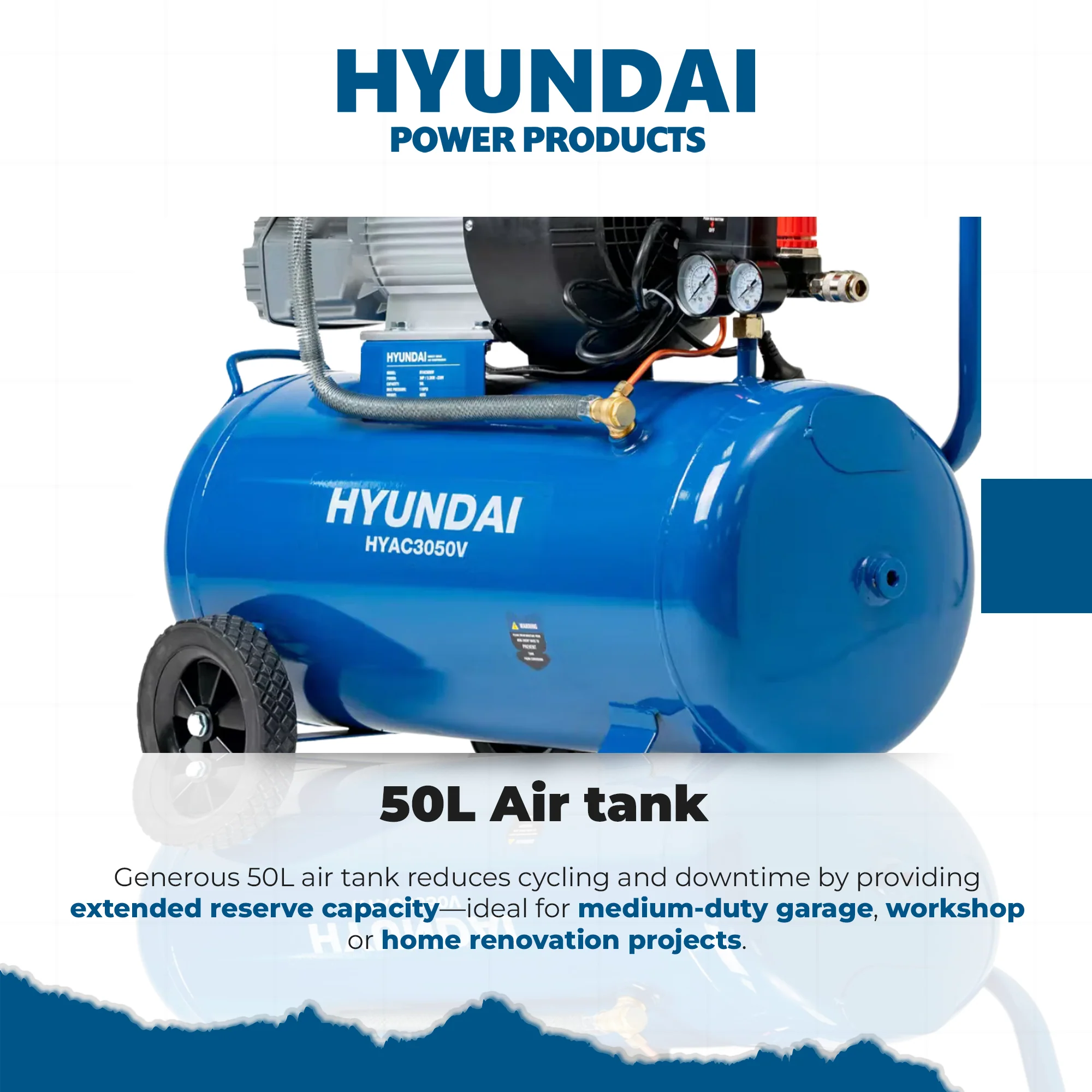 Hyundai 3HP 50L Portable Air Compressor – Direct Drive, Twin Outlet, 12.6CFM, Oil-Lubricated (HYAC3050V) - Image 6