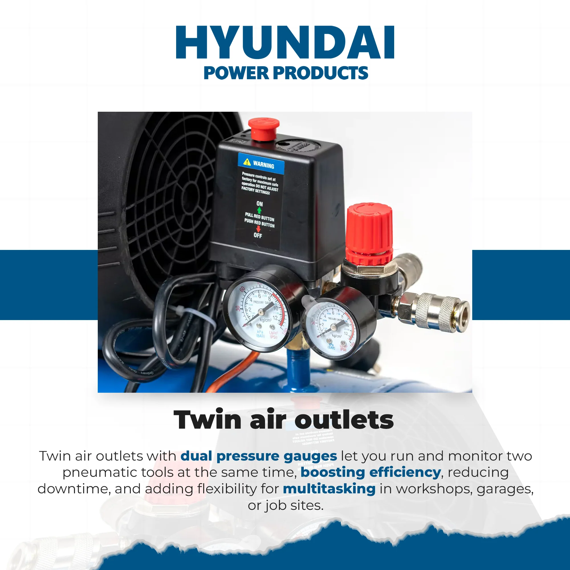 Hyundai 3HP 50L Portable Air Compressor – Direct Drive, Twin Outlet, 12.6CFM, Oil-Lubricated (HYAC3050V) - Image 7