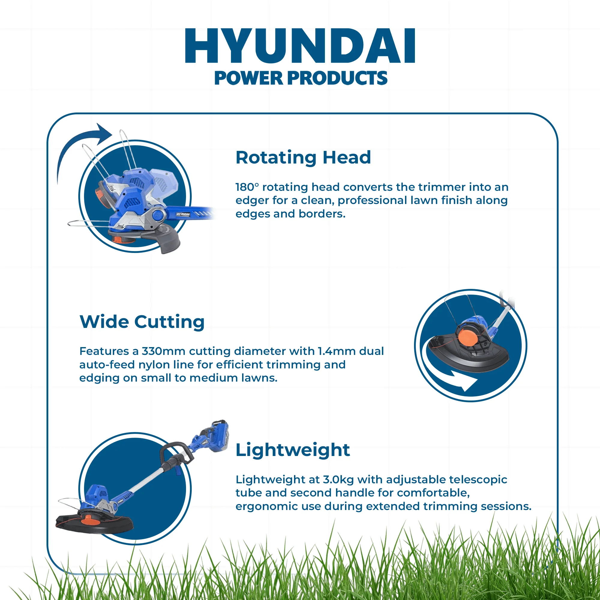 Hyundai 40V Battery Grass Trimmer - 330mm Cutting, Skin Only with Shoulder Strap, Cordless & Rechargeable - SKIN ONLY (HY40ST13) - Image 3