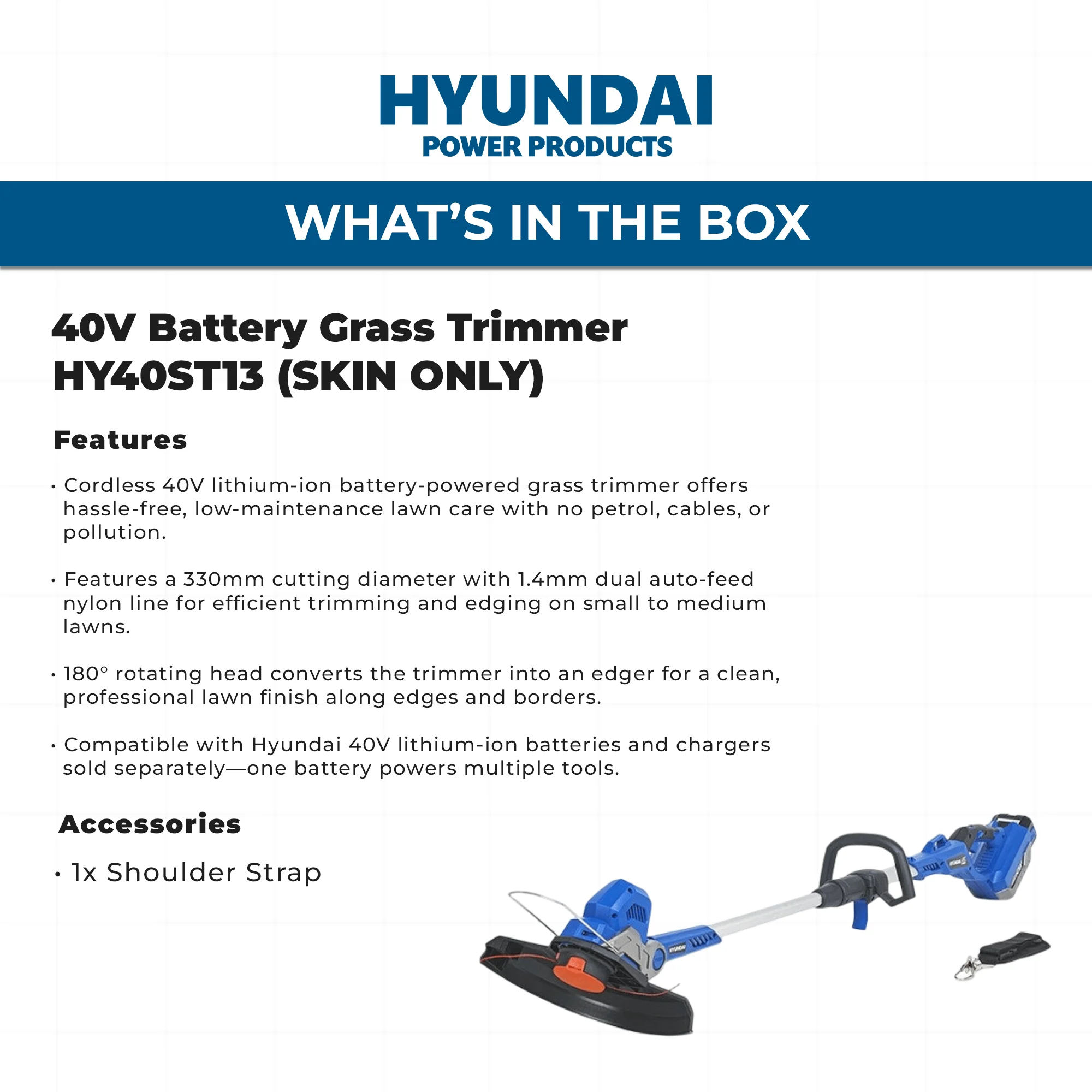 Hyundai 40V Battery Grass Trimmer - 330mm Cutting, Skin Only with Shoulder Strap, Cordless & Rechargeable - SKIN ONLY (HY40ST13) - Image 4
