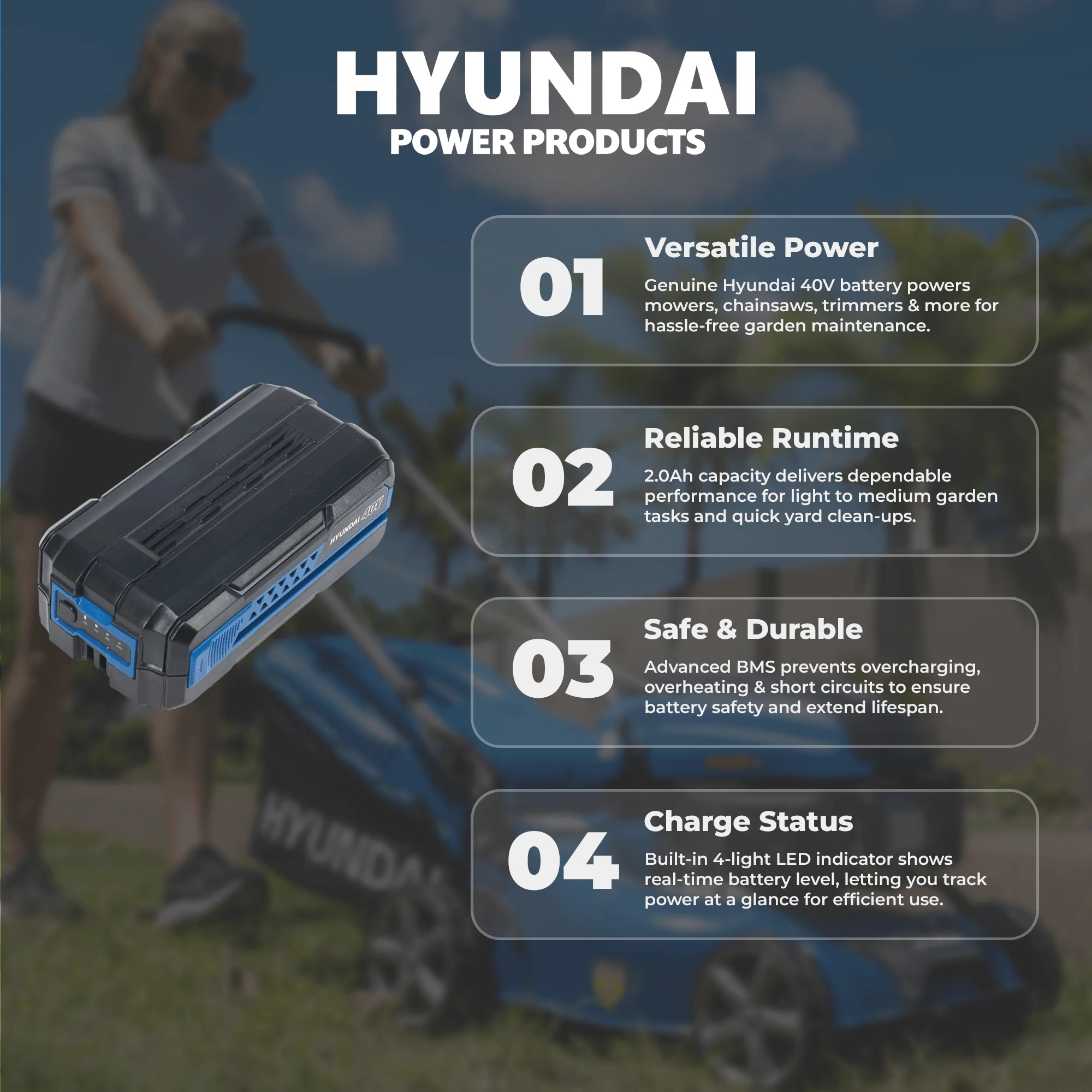 Hyundai 40V Lithium 2Ah Battery – Rechargeable Power Pack for Hyundai 40V Garden Tools (HY40B2) - Image 3