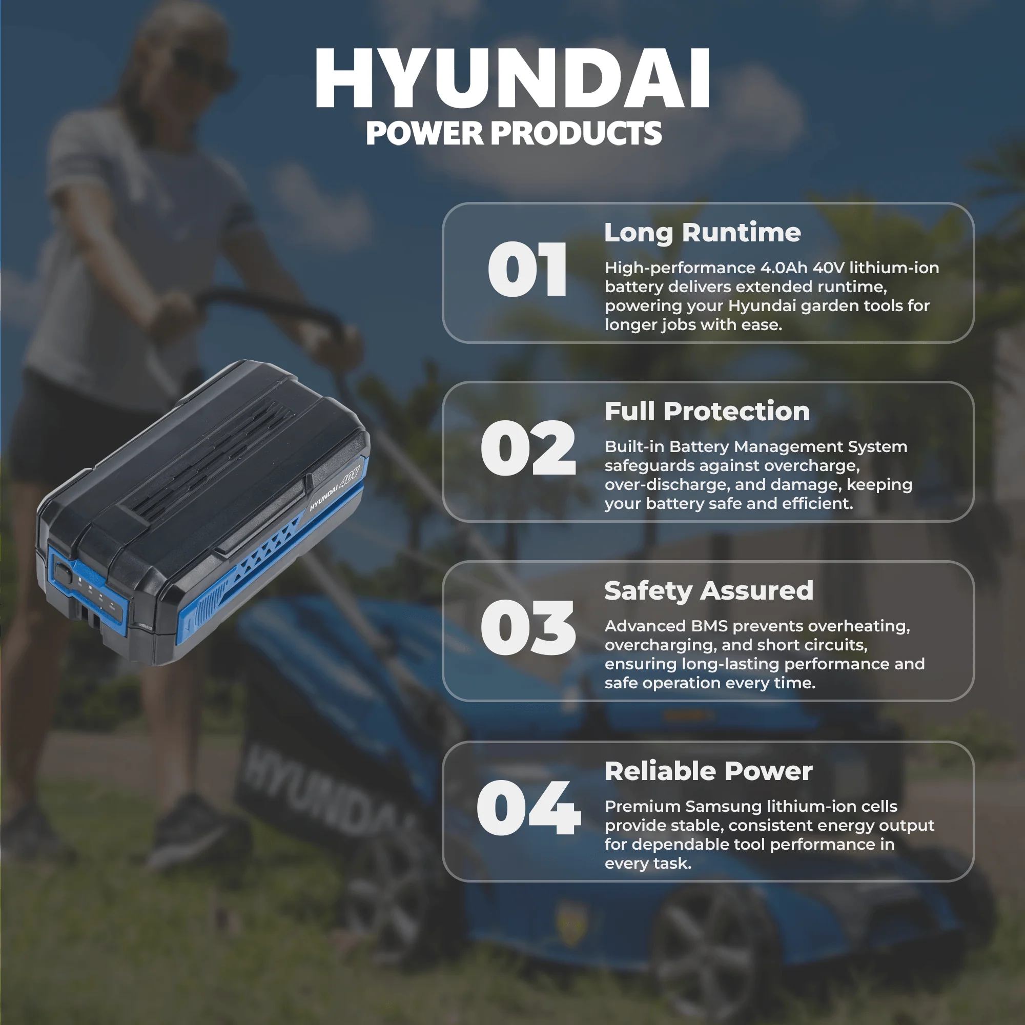 Hyundai 40V Lithium 4Ah Battery – Rechargeable Power Pack for Hyundai 40V Garden Tools (HY40B4) - Image 3