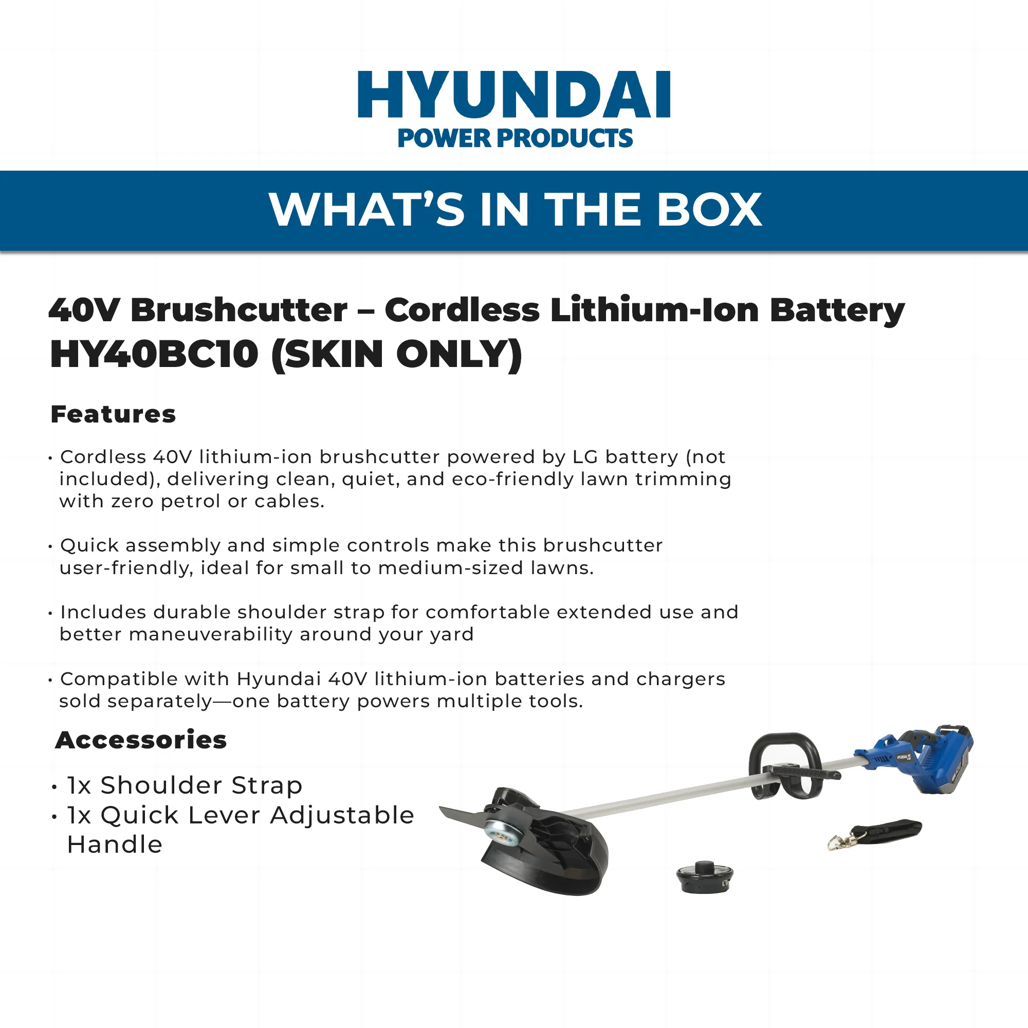 Hyundai 40V Brushcutter – Cordless Lithium-Ion Battery Powered, 250mm Cutting Diameter, Shoulder Strap Included - SKIN ONLY (HY40BC10) - Image 3