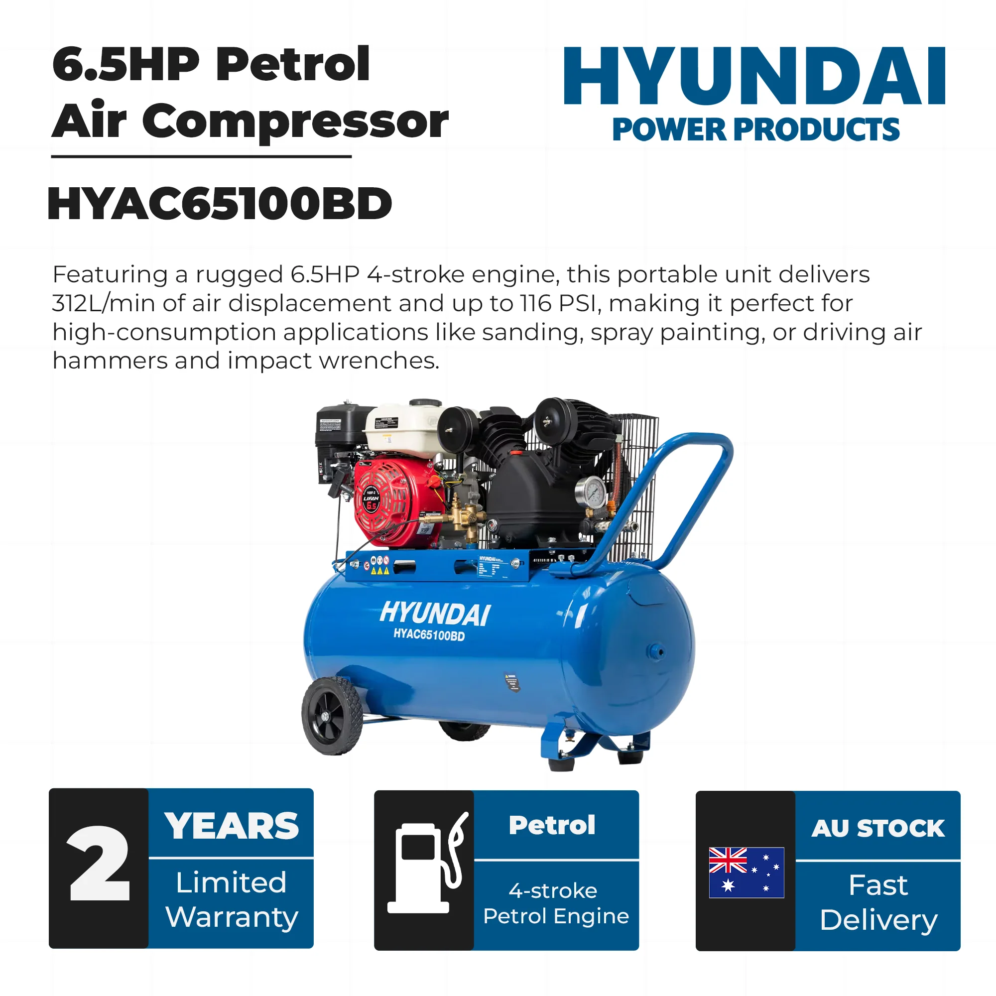 Hyundai 6.5HP Petrol Air Compressor – 100L Tank, 116PSI, Belt Drive, 312L/min, Portable & Heavy-Duty (HYAC65100BD) - Image 3