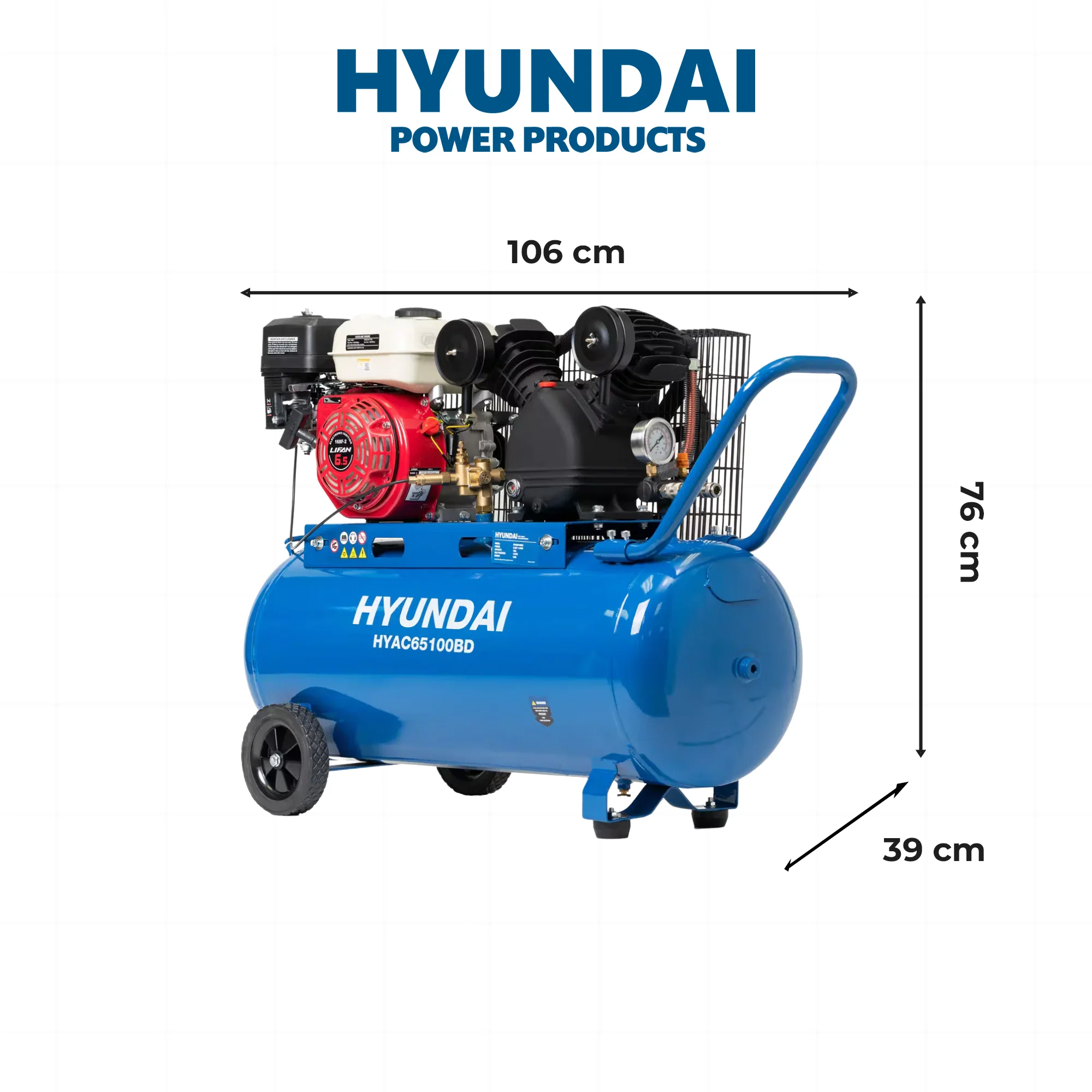 Hyundai 6.5HP Petrol Air Compressor – 100L Tank, 116PSI, Belt Drive, 312L/min, Portable & Heavy-Duty (HYAC65100BD) - Image 4