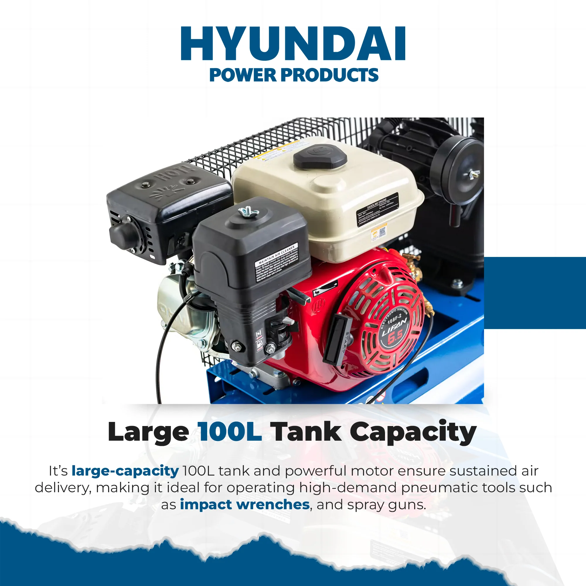 Hyundai 6.5HP Petrol Air Compressor – 100L Tank, 116PSI, Belt Drive, 312L/min, Portable & Heavy-Duty (HYAC65100BD) - Image 5