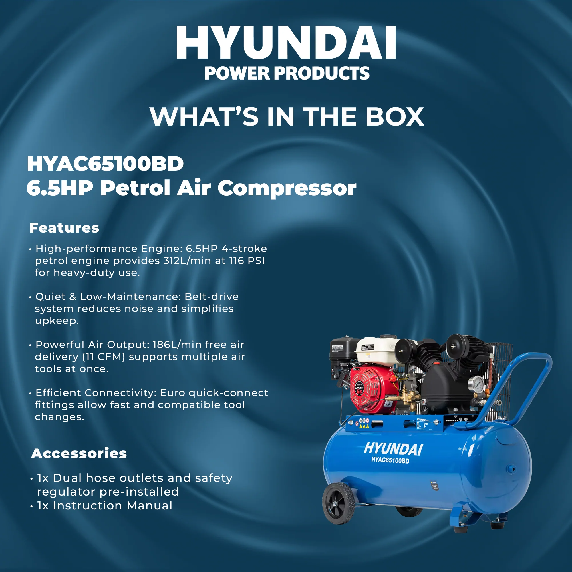Hyundai 6.5HP Petrol Air Compressor – 100L Tank, 116PSI, Belt Drive, 312L/min, Portable & Heavy-Duty (HYAC65100BD) - Image 8