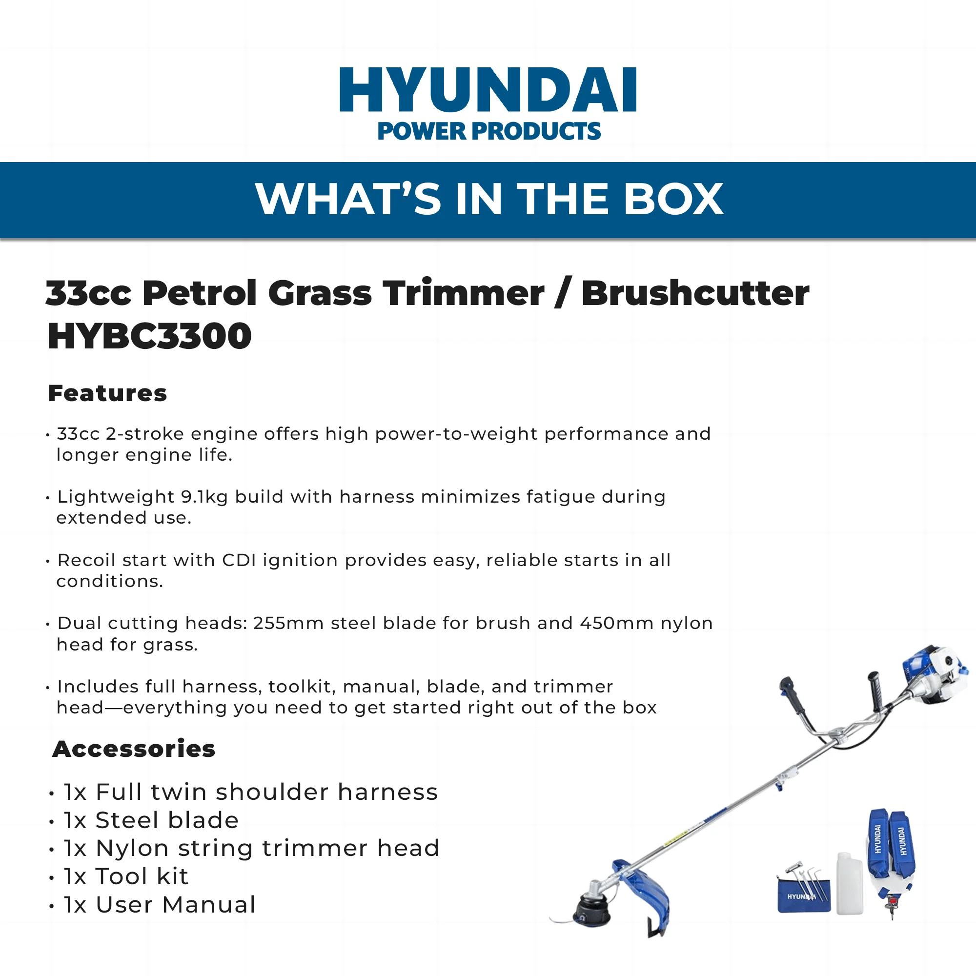Hyundai 33cc Petrol Grass Trimmer / Brushcutter – Lightweight, High Power, Easy Start, Harness Included (HYBC3300) - Image 4