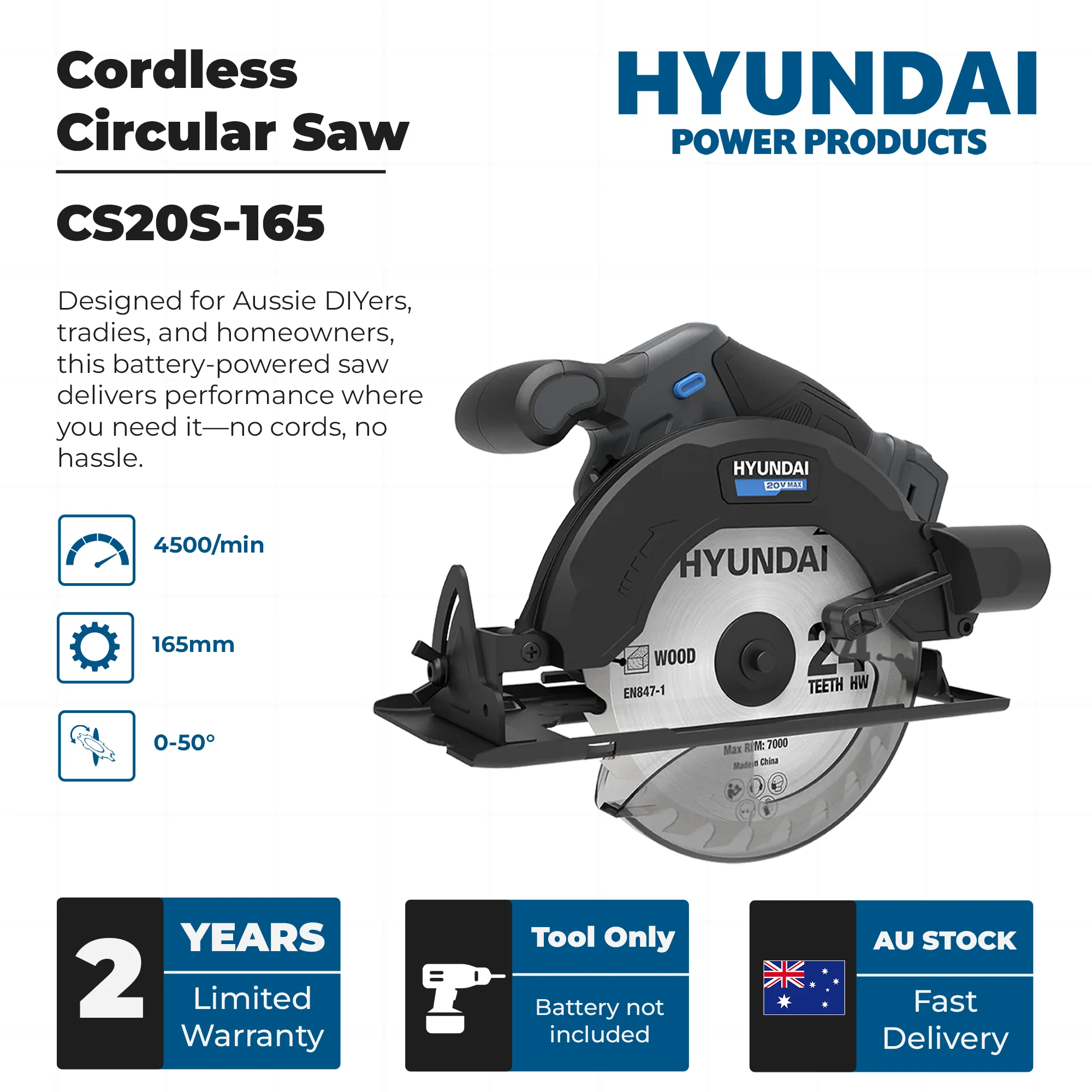Hyundai 20V Cordless Circular Saw – 165mm Blade, Bevel Cuts, Dust Port – SKIN ONLY (CS20S-165) - Image 3