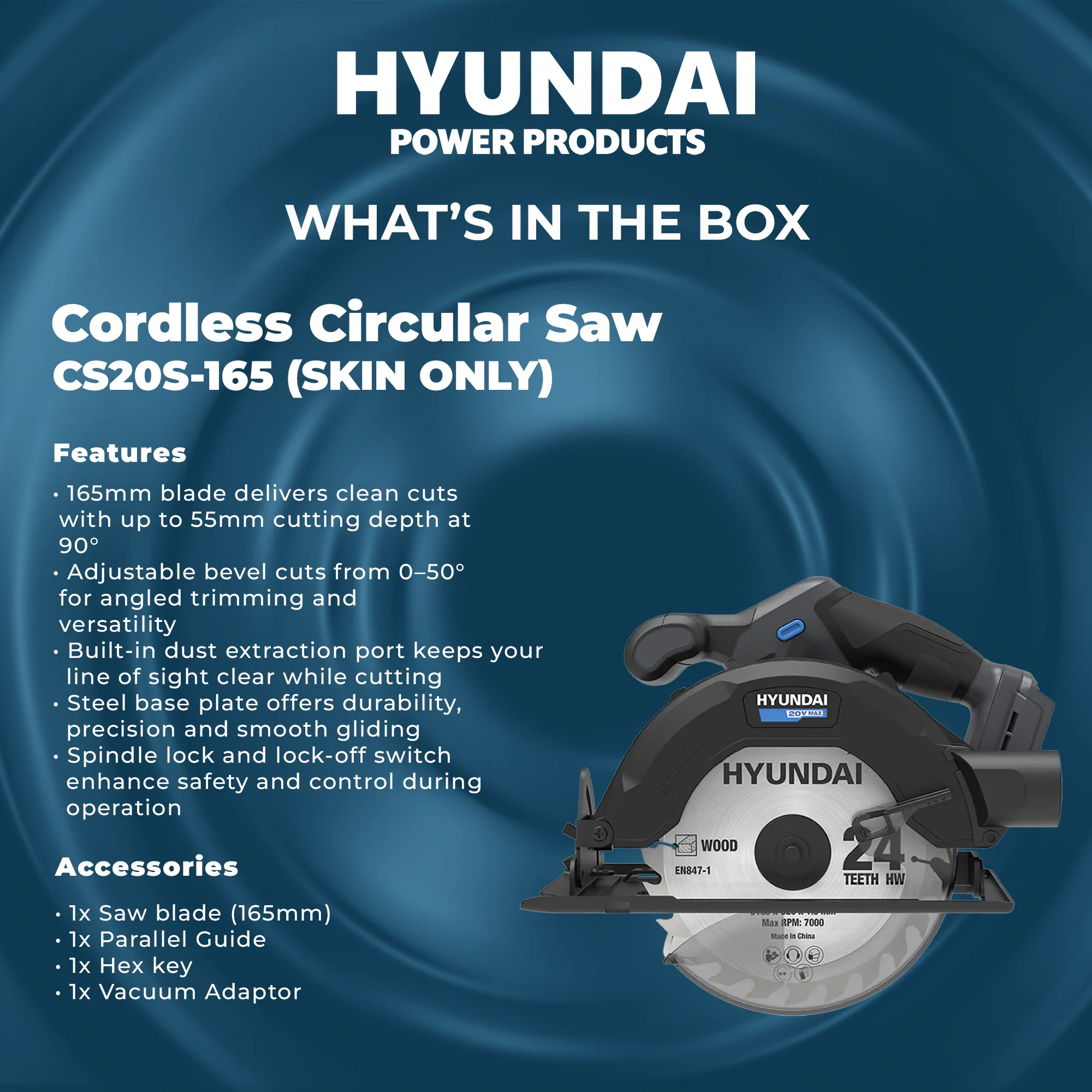 Hyundai 20V Cordless Circular Saw – 165mm Blade, Bevel Cuts, Dust Port – SKIN ONLY (CS20S-165) - Image 5