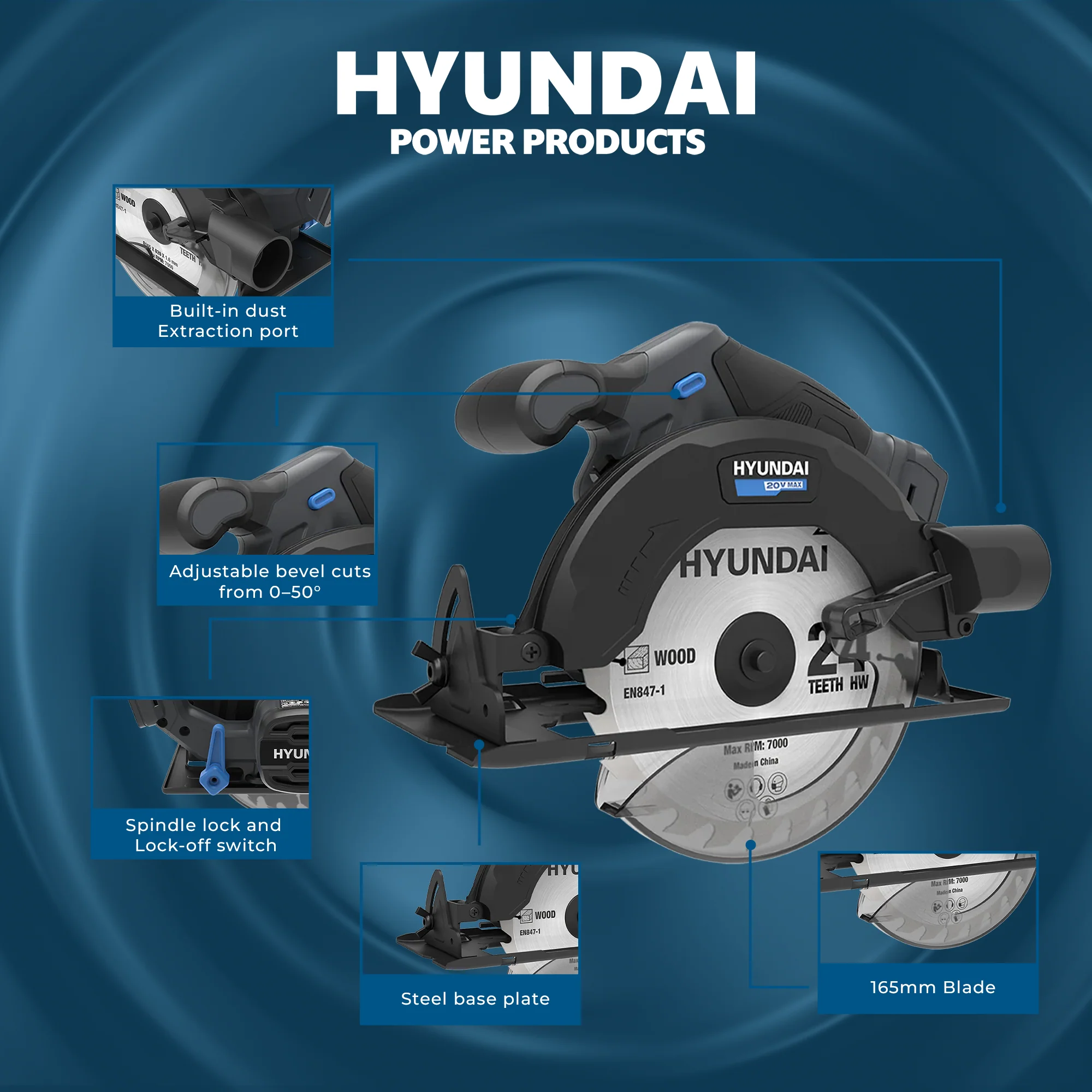 Hyundai 20V Cordless Circular Saw – 165mm Blade, Bevel Cuts, Dust Port – SKIN ONLY (CS20S-165) - Image 6