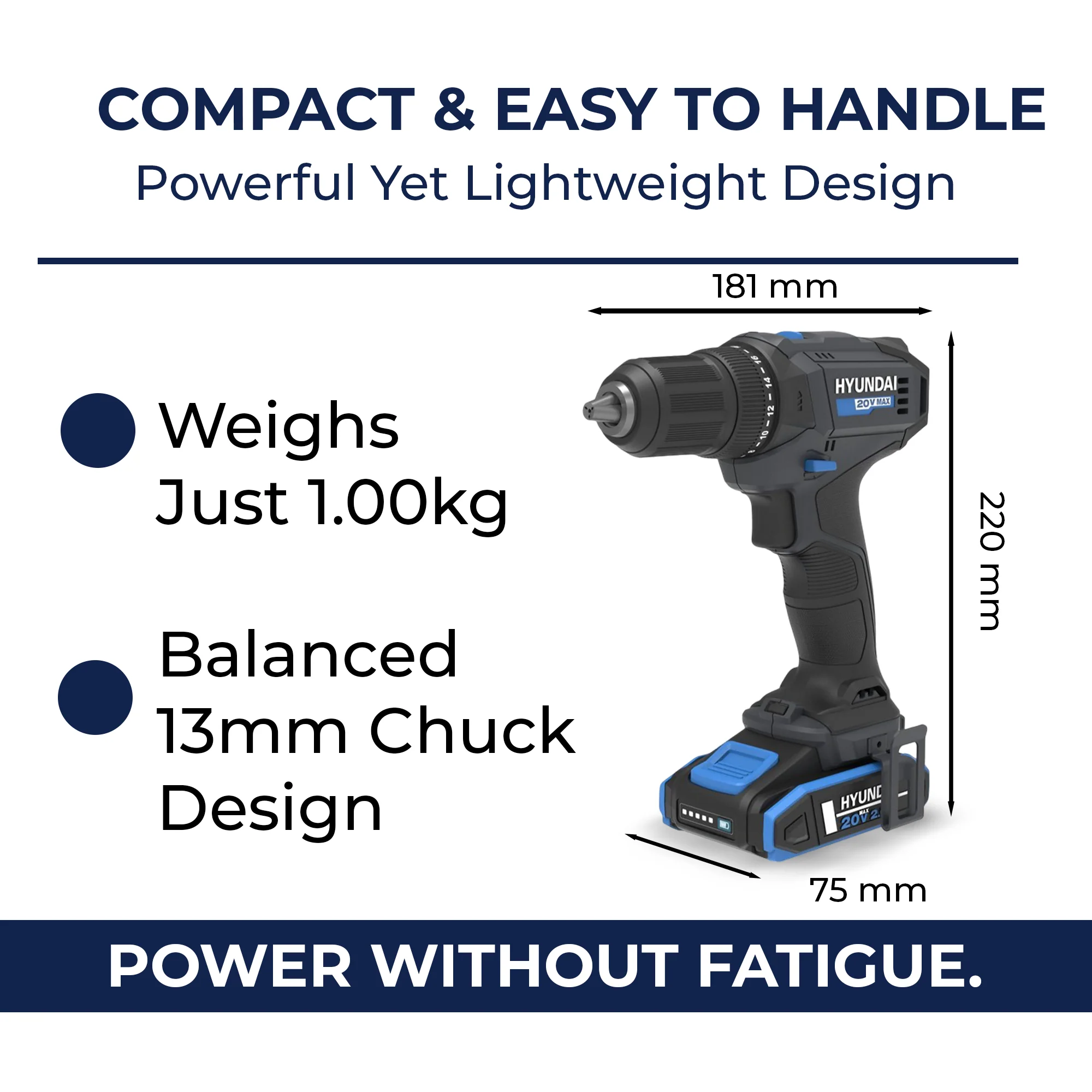 Hyundai 20V 40Nm Cordless Drill Driver, 2Ah Battery and Charger, 2-Speed, LED Light, 13 mm Chuck - Image 10