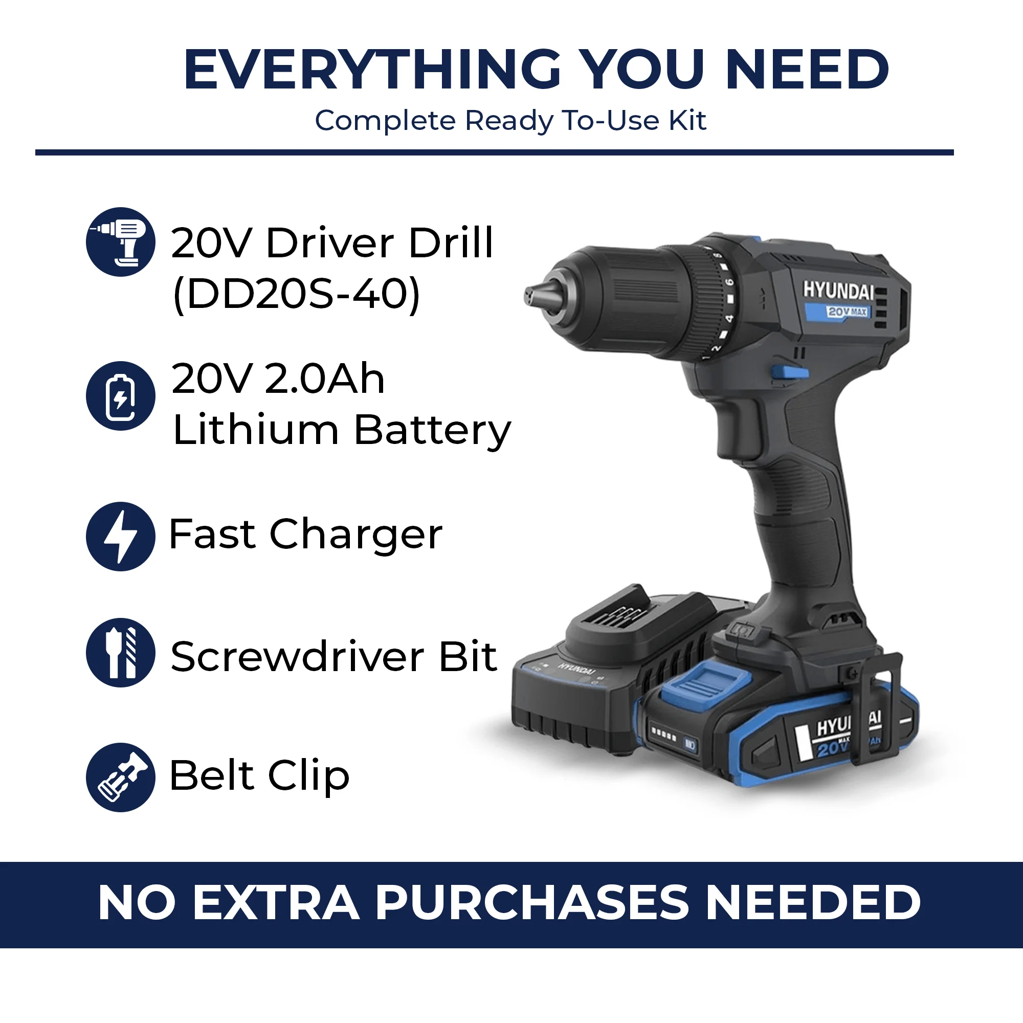 Hyundai 20V 40Nm Cordless Drill Driver, 2Ah Battery and Charger, 2-Speed, LED Light, 13 mm Chuck - Image 4