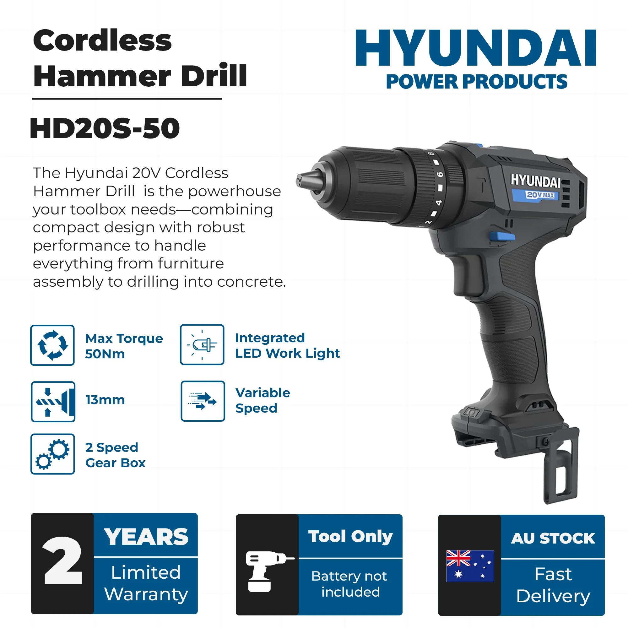 Hyundai 20V Cordless Hammer Drill – 2-Speed, 50Nm Torque, LED - SKIN ONLY (HD20S-50) - Image 3